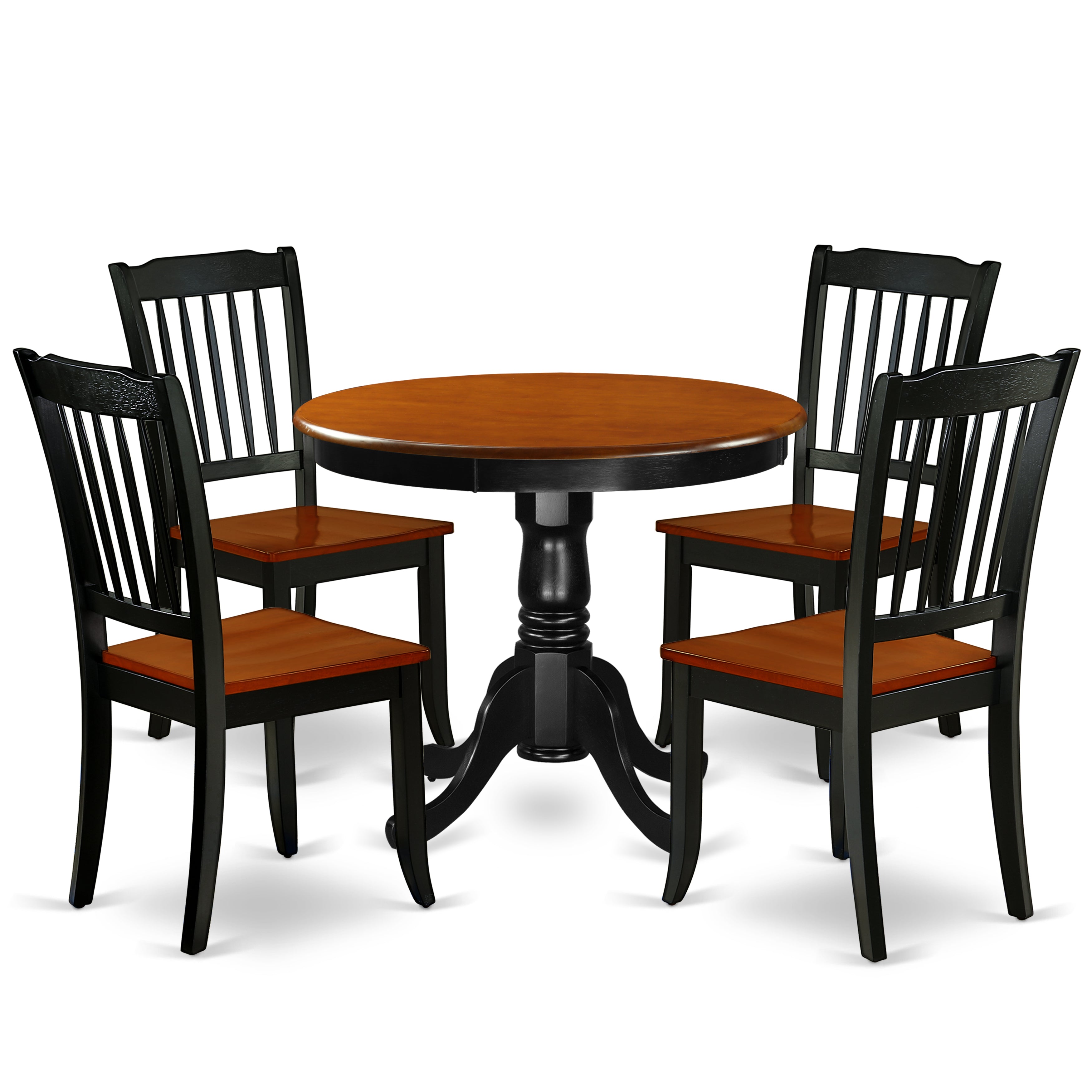 ANDA5-BCH-W 5PC Round 36 inch Table and 4 vertical slatted Chairs