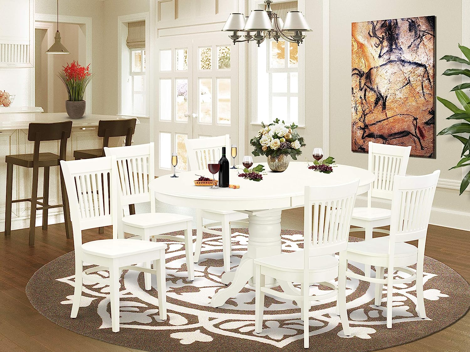 7 PC Mid Century Modern Oval Table with Leaf And Wooden Chairs in Linen White