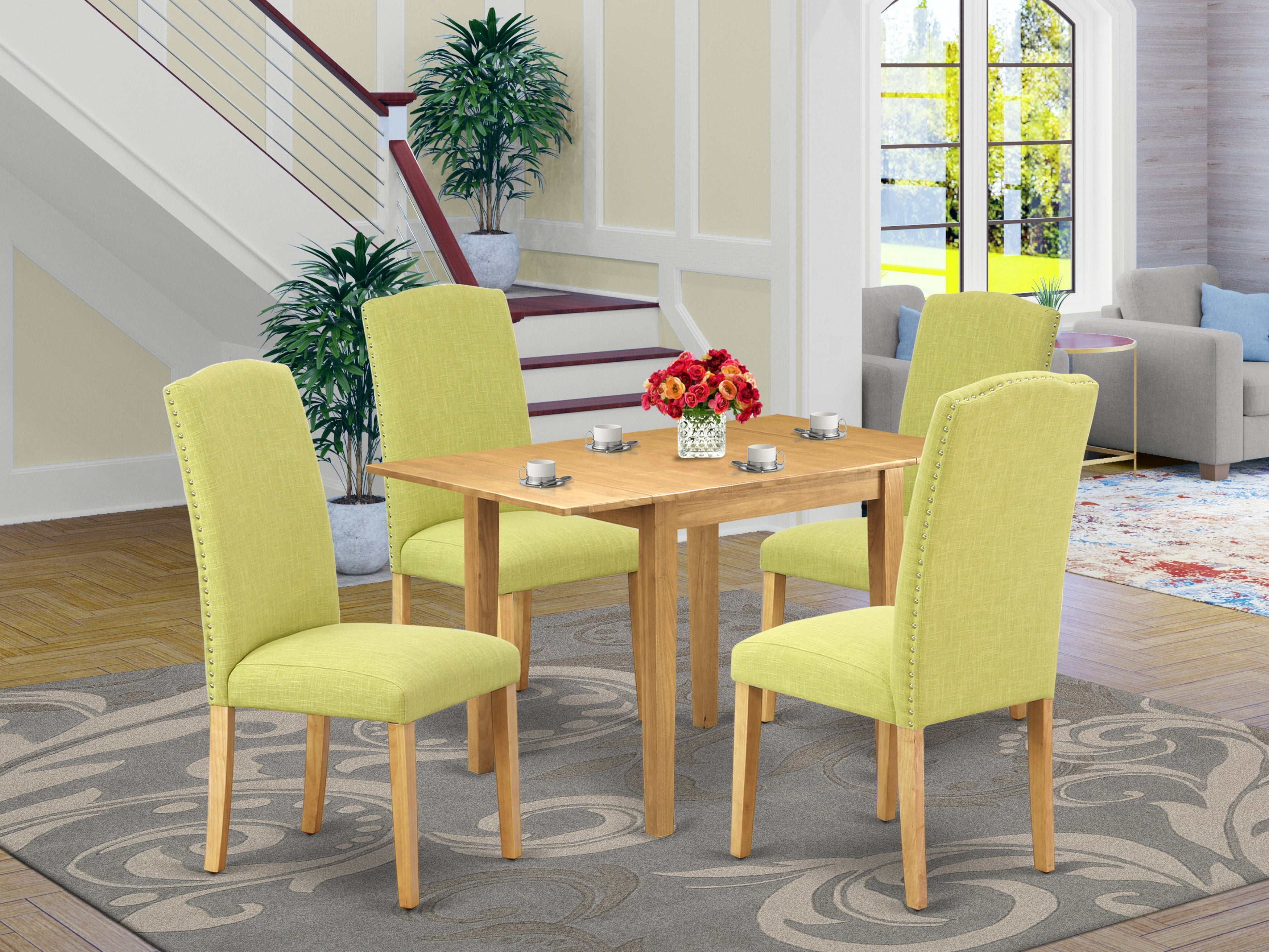 East West Furniture NDEN5-OAK-07 Dinette Set 5 Pcs - Four Kitchen Chairs and a Wood Dining Table - Oak Finish Wood - Limelight Color Linen Fabric