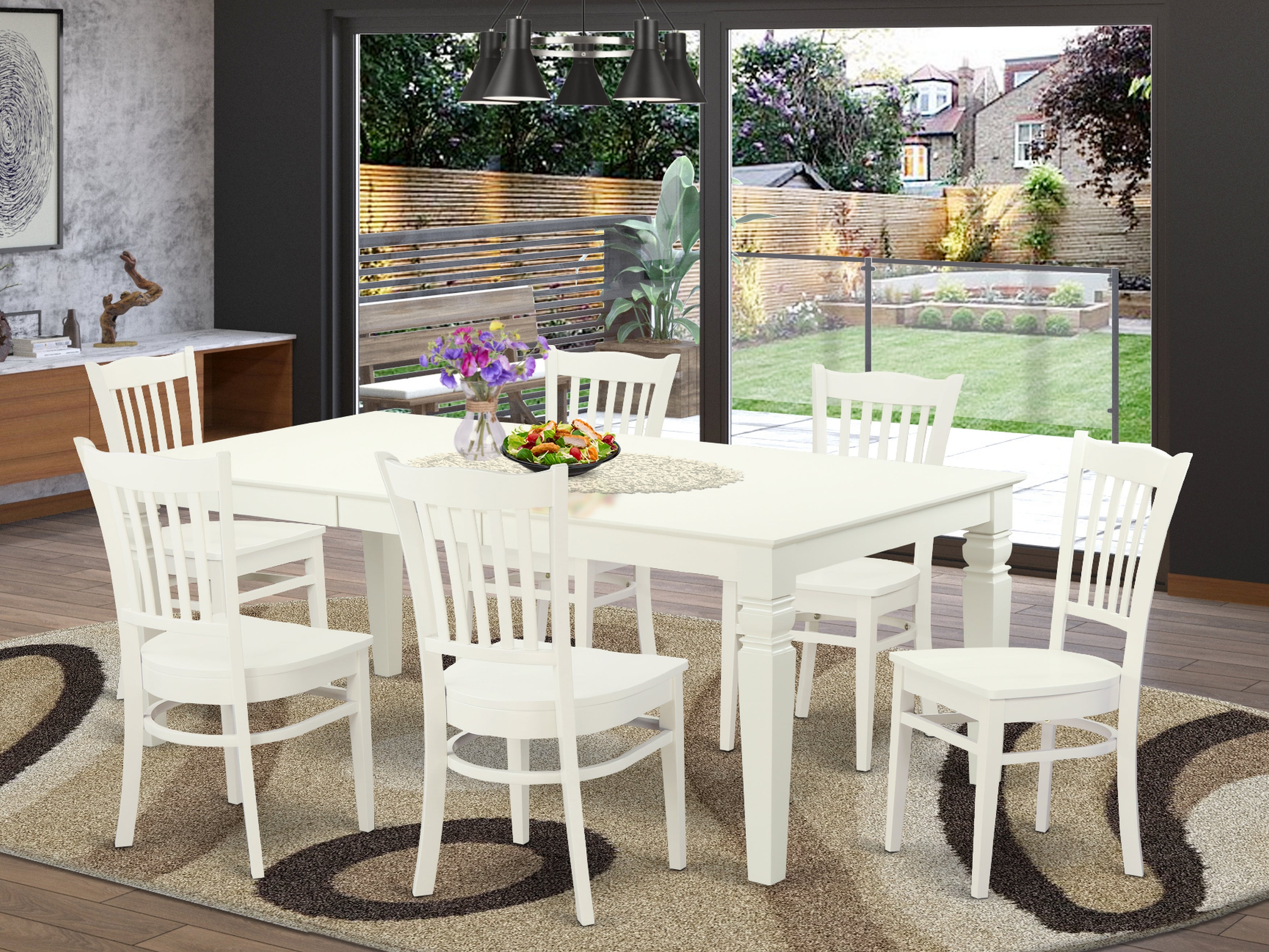 LGGR7-LWH-W 7 PcTable and chair set with a Dining Table and 6 Dining Chairs in Linen White