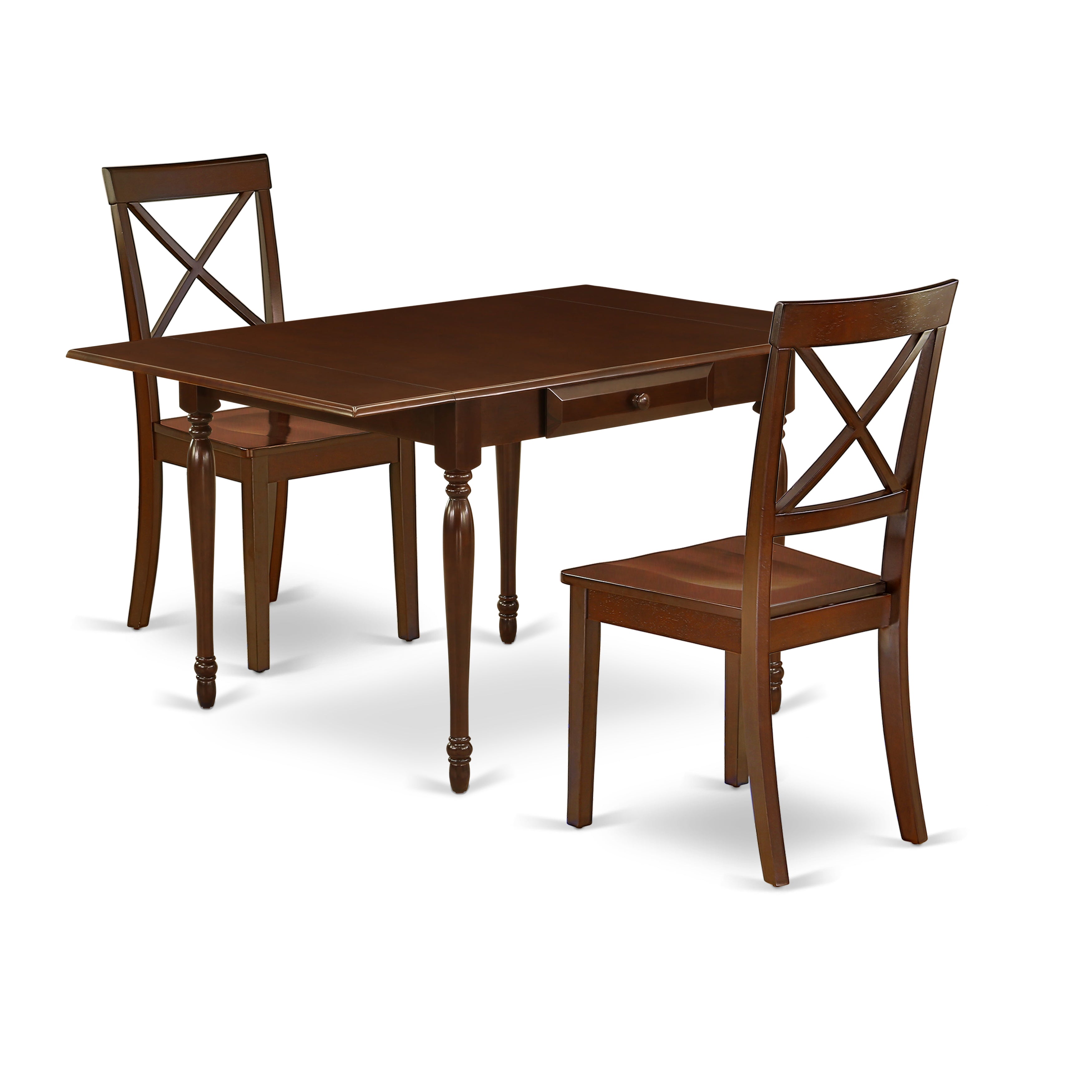 East West Furniture MZBO3-MAH-W 3Pc Kitchen Set Includes a Small Dining Table and 2 Modern Dining Chairs with Solid Wood Seat, Drop Leaf Table with X Back Chairs, Mahogany Finish