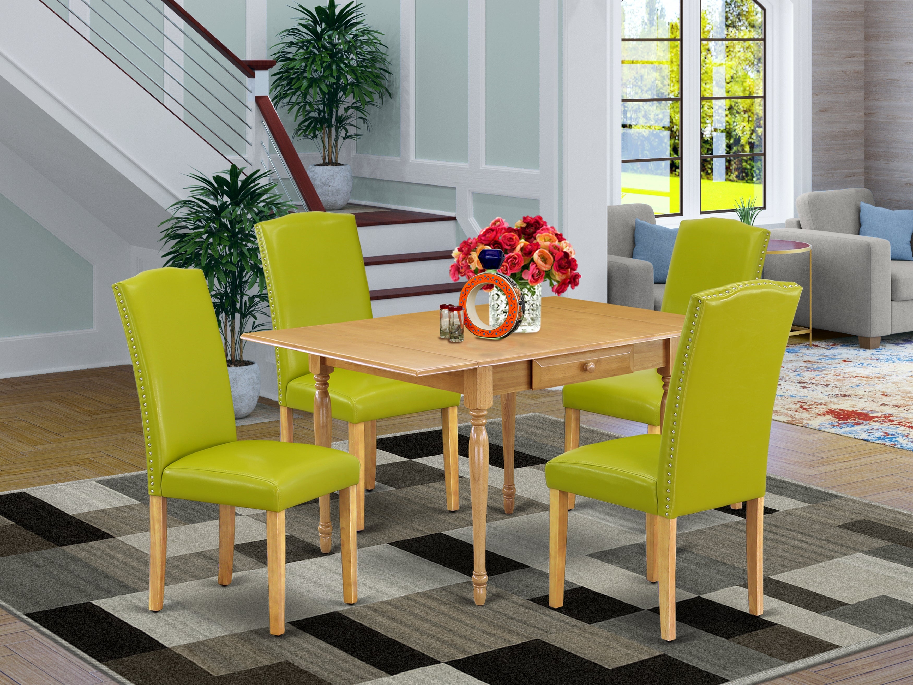 East West Furniture MZEN5-OAK-51 5Pc Dinette Sets for Small Spaces Offers a Wood Dining Table and 4 Parson Dining Chairs with Autumn Green Color PU Leather, Drop Leaf Table with Full Back Chairs, Oak Finish