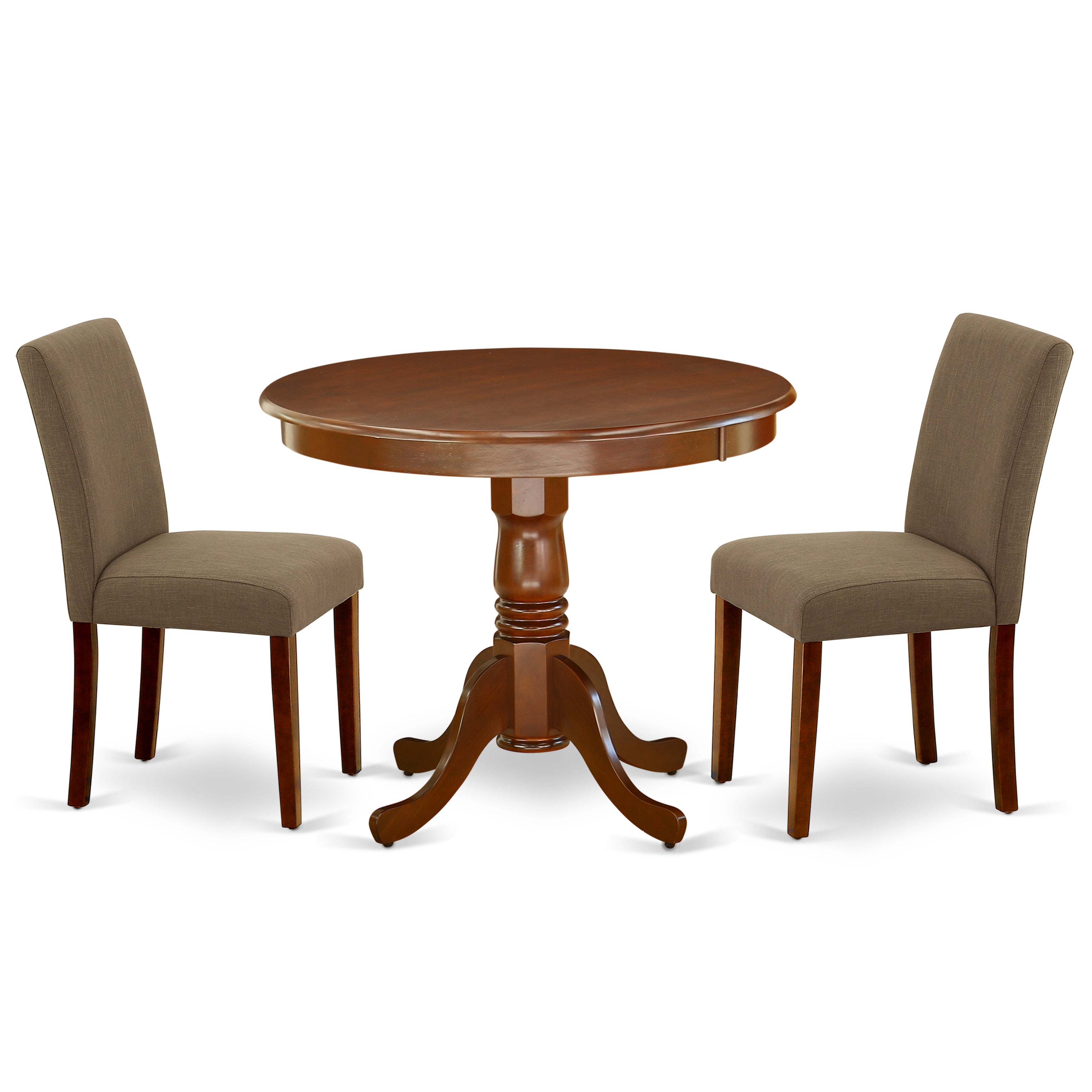 ANAB3-MAH-18 3Pc Rounded 36 Inch Dinette Table And Two Parson Chair With Mahogany Leg And Linen Fabric Coffee