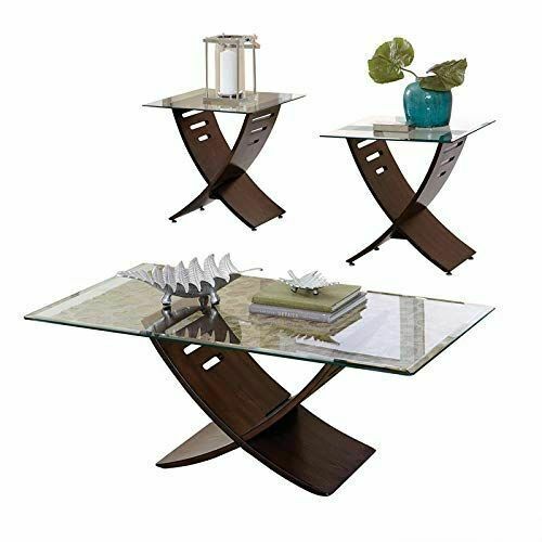 Cafe 3 Piece Cocktail Coffee Occasional Table Set With Glass Top