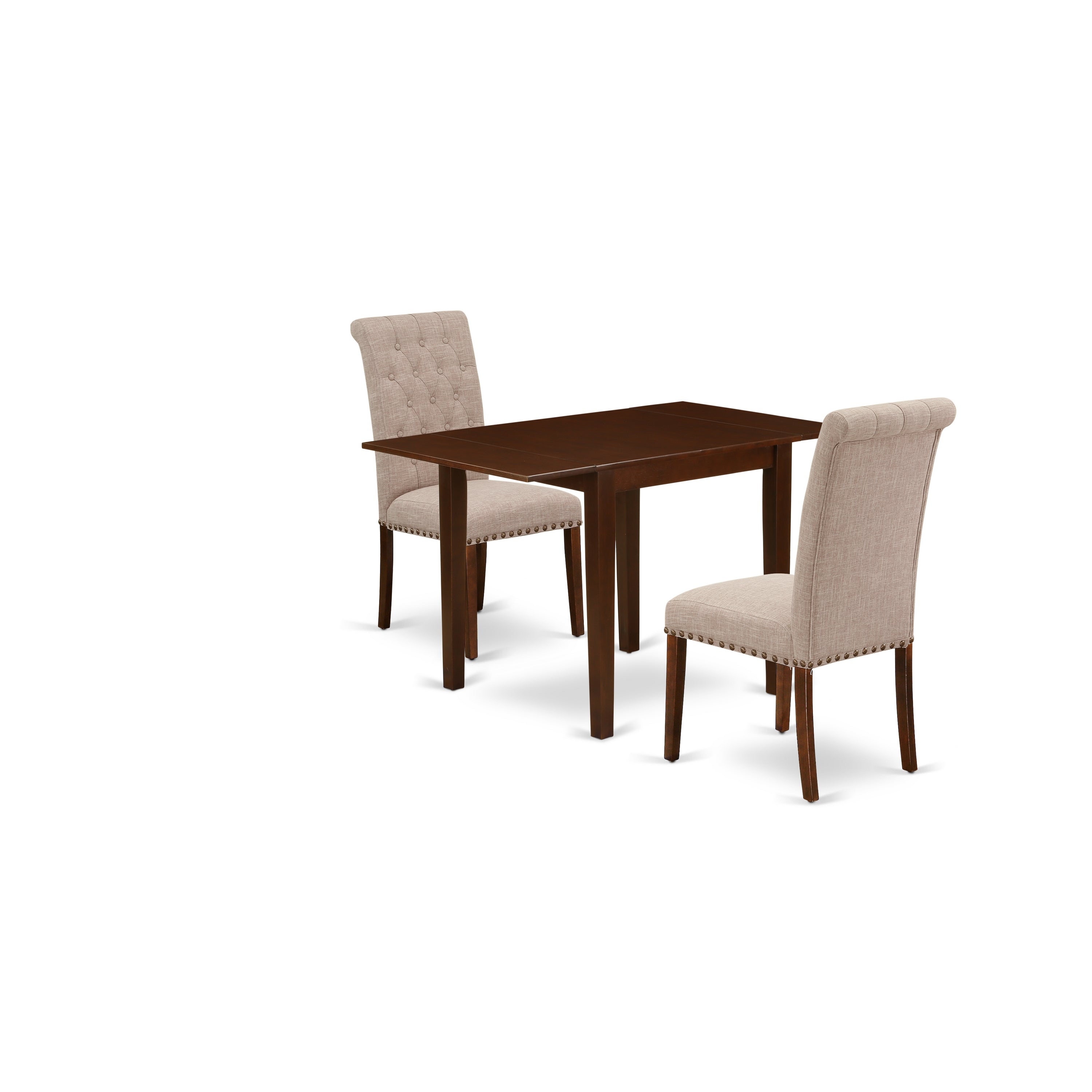 East West Furniture NDBR3-MAH-04 Dining Set 3 Pc - 2 Dining Room Chairs and a Wood Dining Table - Mahogany Finish Solid wood - Light Fawn Color Linen Fabric