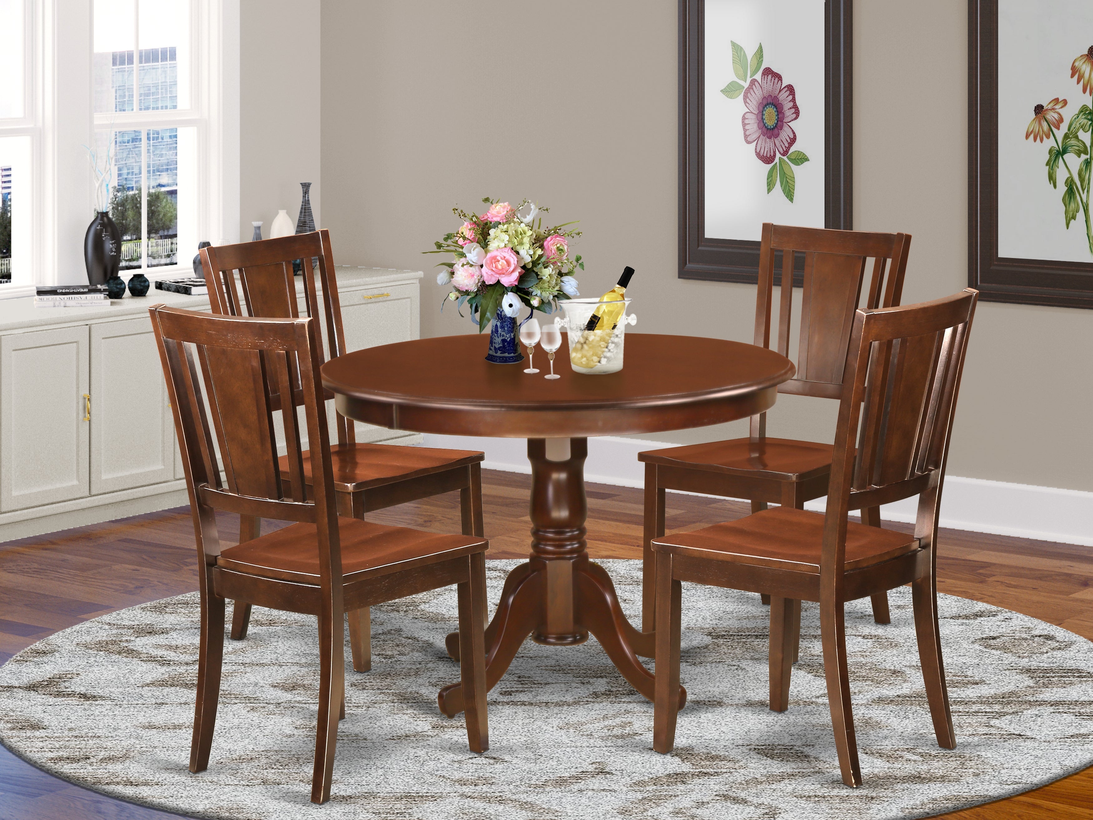 HLDU5-MAH-W 5 Pc set with a Round Kitchen Table and 4 Wood Dinette Chairs in Mahogany