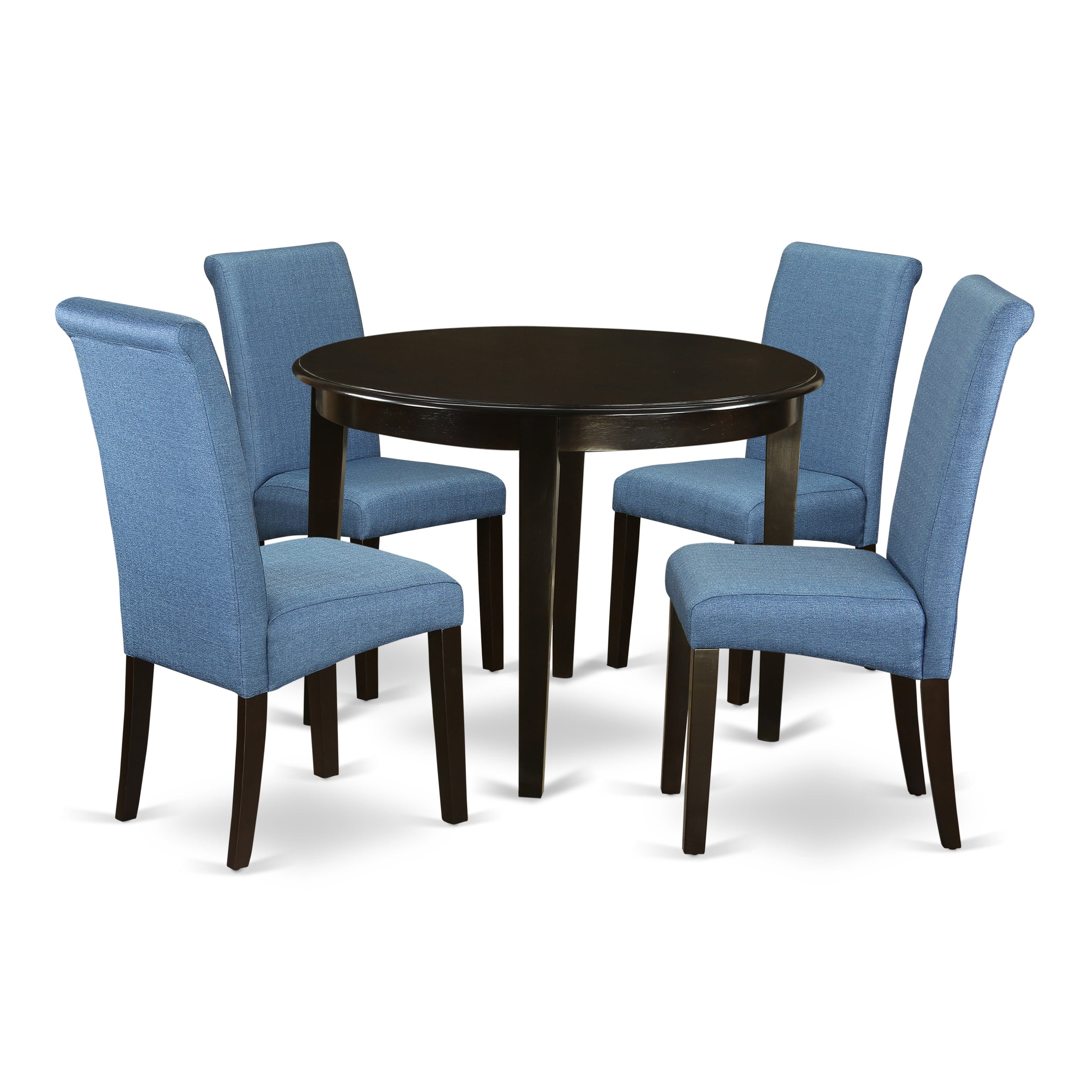 BOBA5-CAP-21 5Pc Small Round Kitchen table with linen Blue fabric Parson chairs with cappuccino chair legs