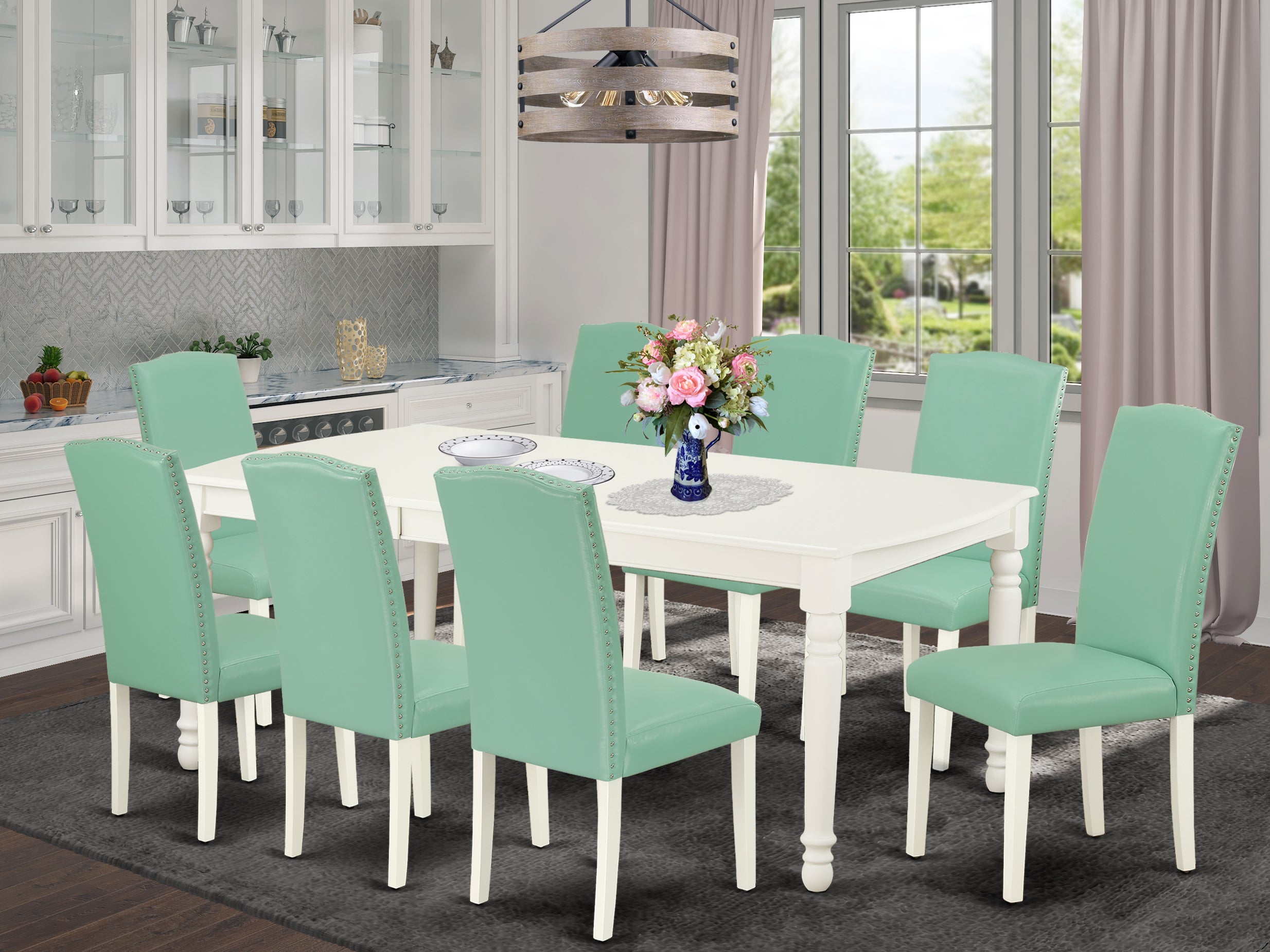 DOEN9-LWH-57 9Pc Rectangle 60/78 Inch Dining Table With 18 In Leaf And 8 Parson Chair With Linen White Leg And Pu Leather Color Pond