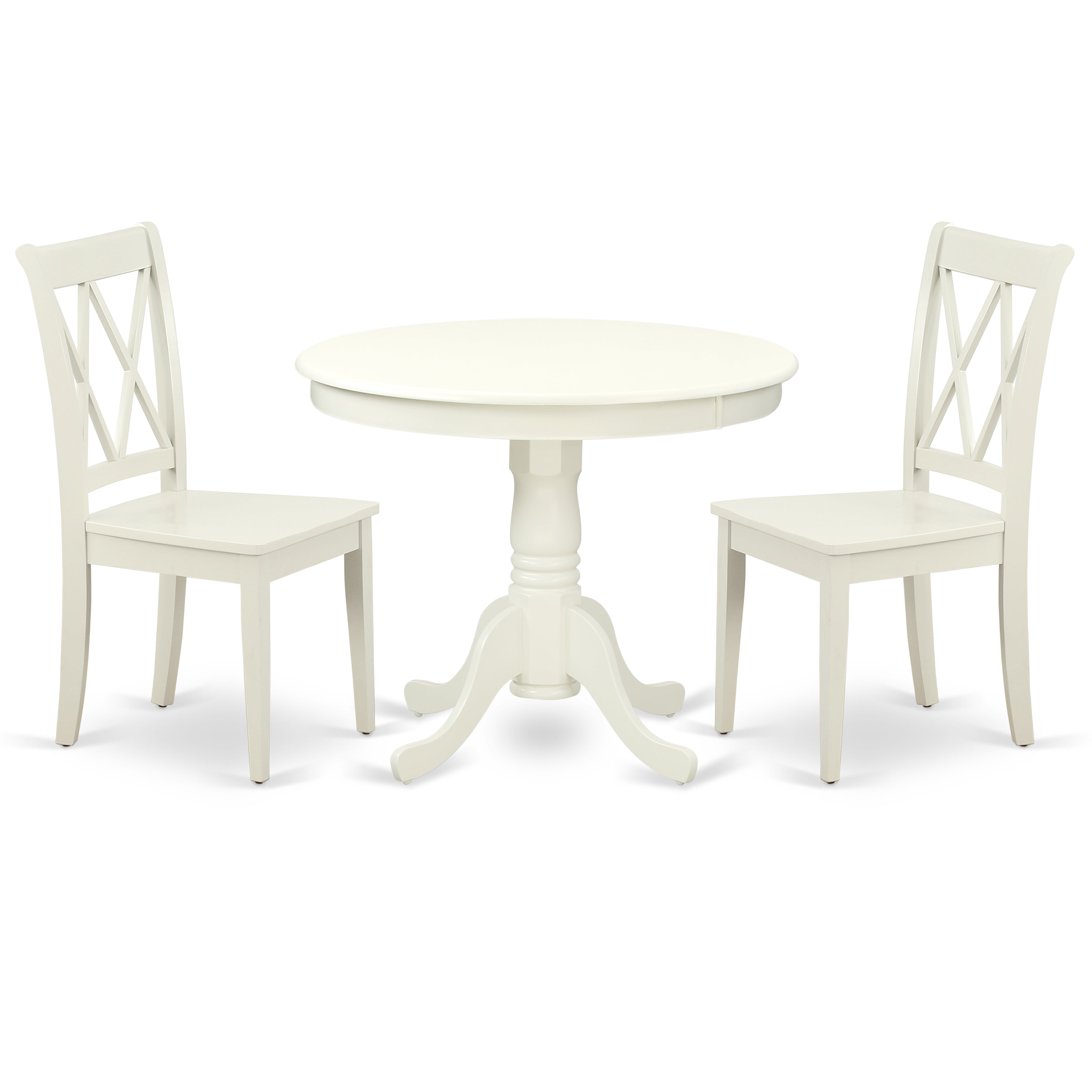 ANCL3-LWH-W 3PC Round 36 inch Table and 2 Double X back Chairs