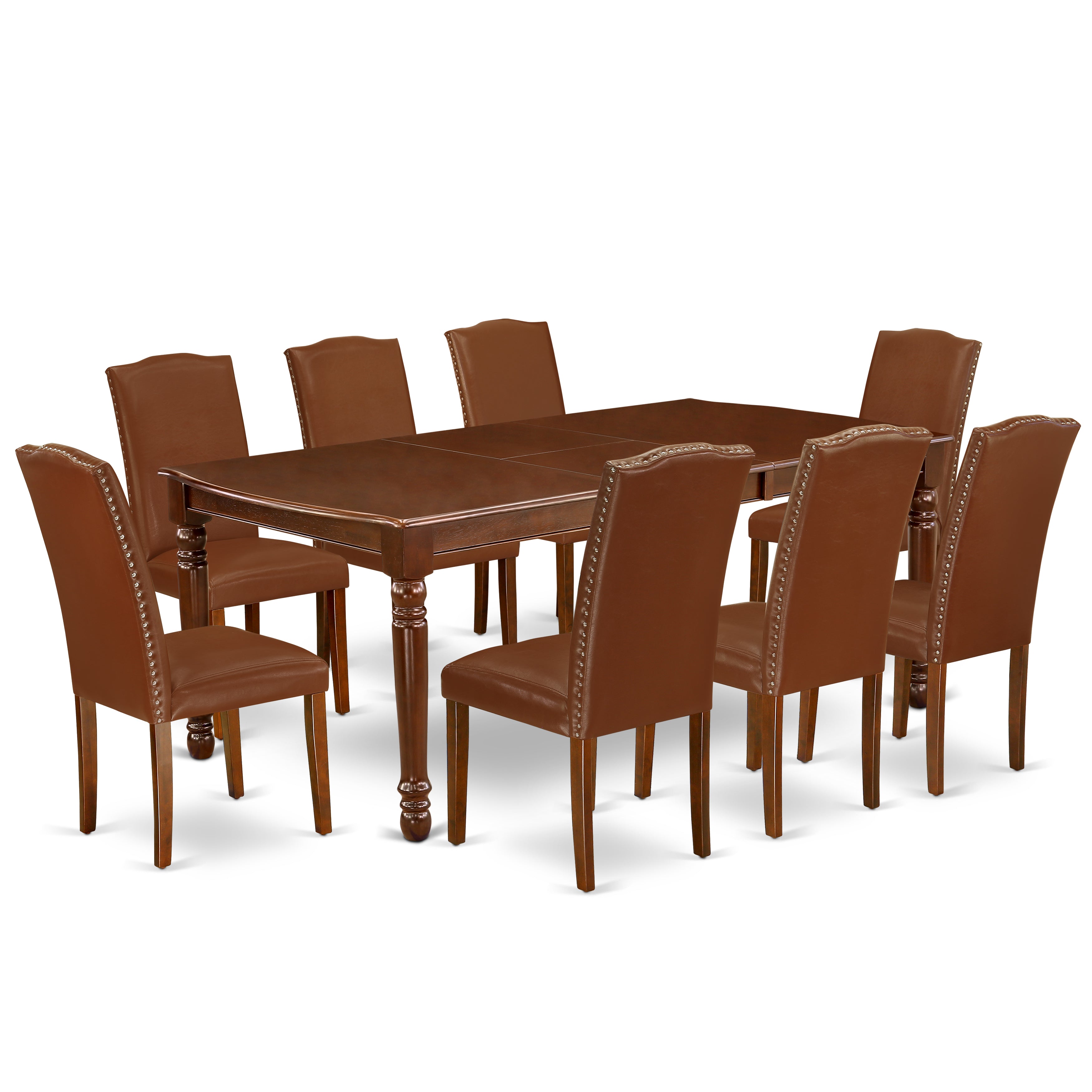 DOEN9-MAH-66 9Pc Rectangle 60/78 Inch Dining Table With 18 In Leaf And 8 Parson Chair With Mahogany Leg And Brown Flaux Leather