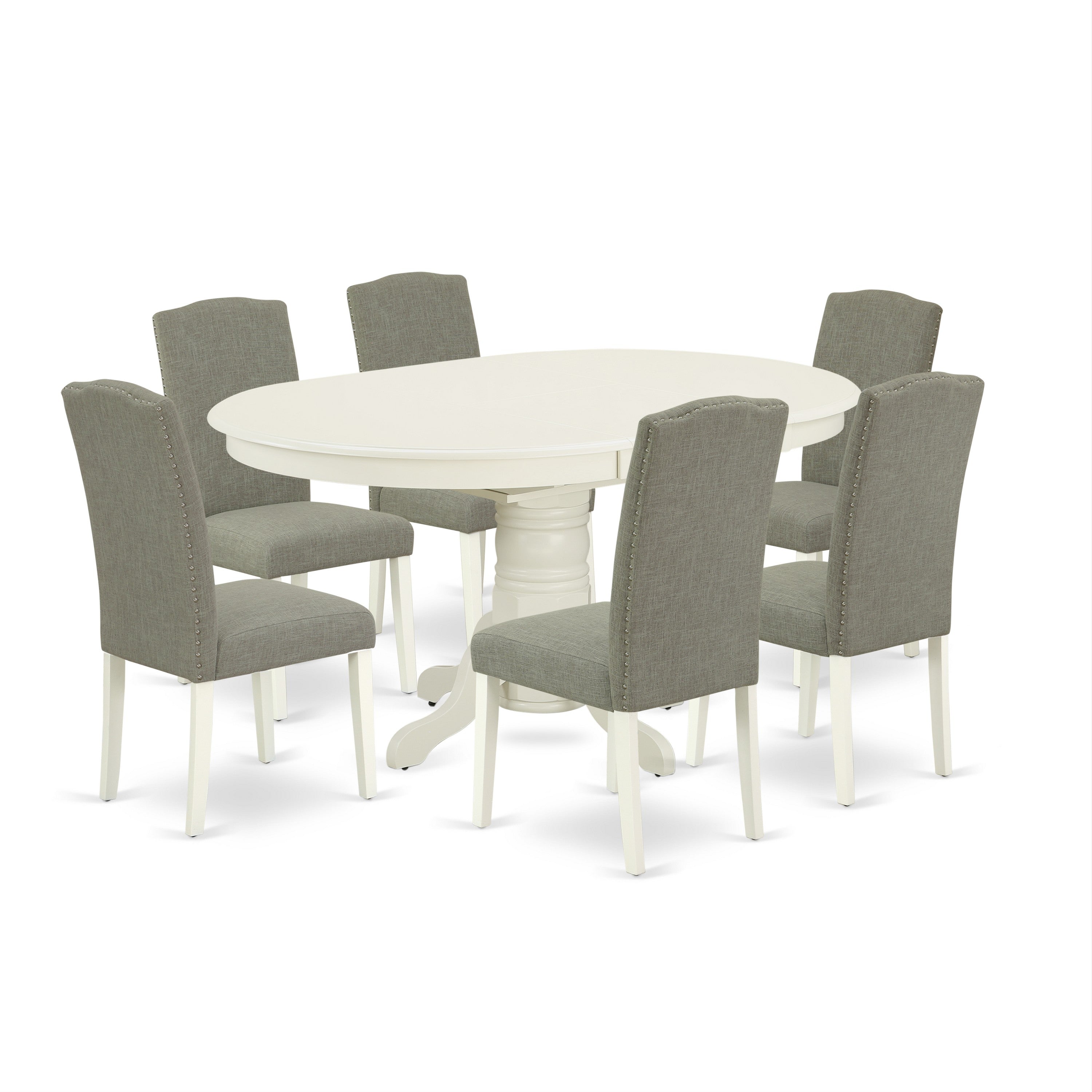 AVEN7-LWH-06 7Pc Oval 42/60" Dinette Table With 18 In Butterfly Leaf And 6 Parson Chair With Linen White Leg And Linen Fabric Dark Shitake