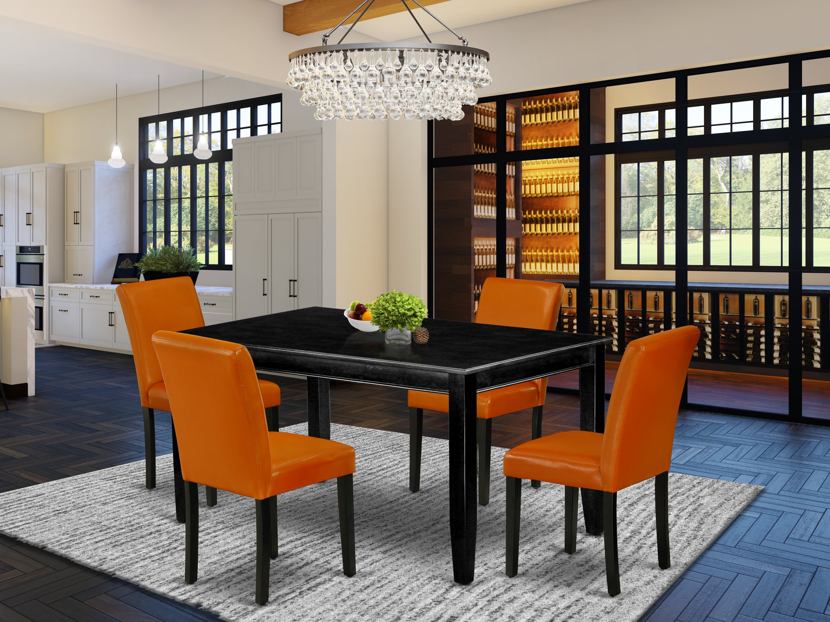 DUAB5-BLK-61 5Pc Rectangle 60 Inch Dining Table And Four Parson Chair With Black Leg And Pu Leather Color Baked Bean