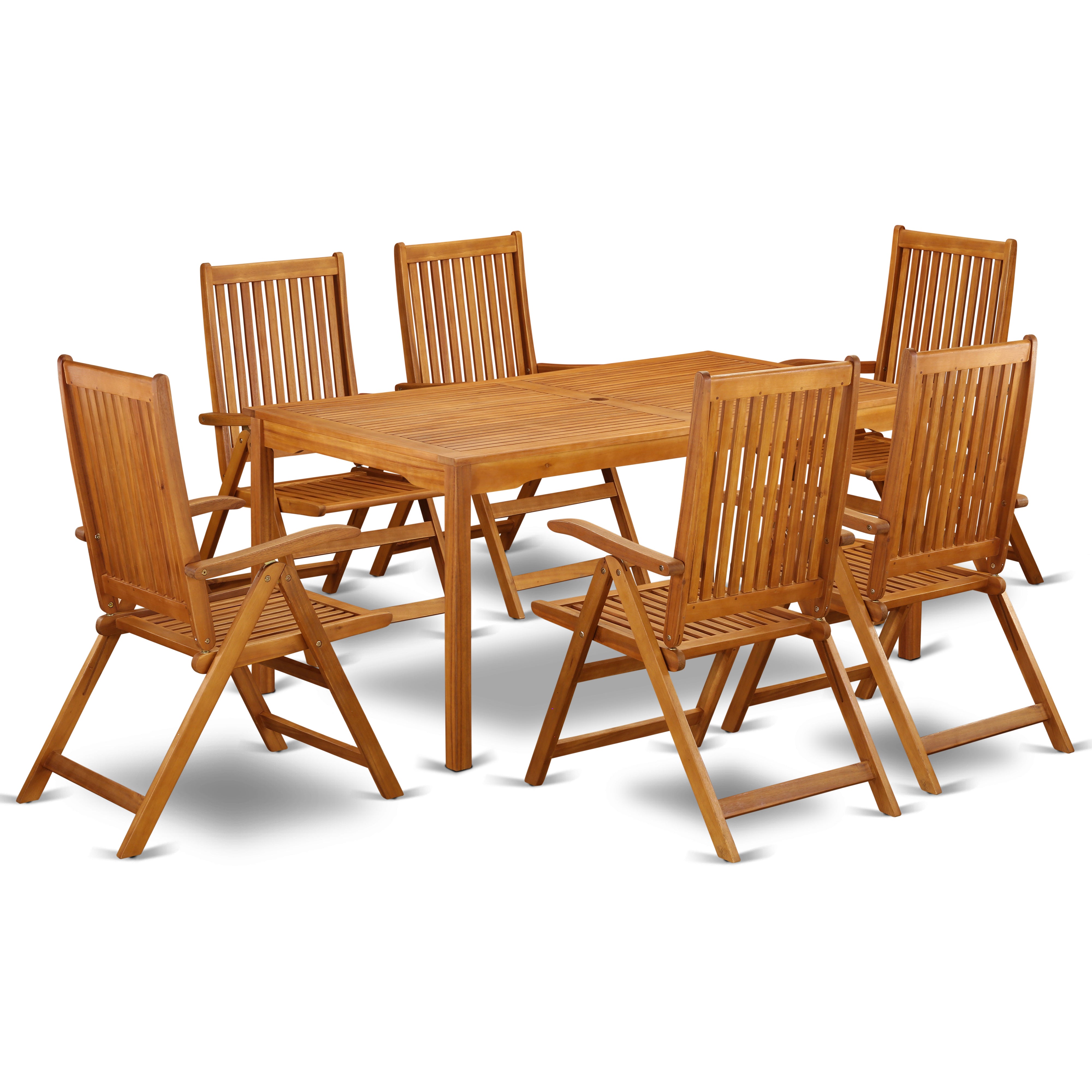 CMCN7NC5N This 7 Piece Acacia Wooden Outdoor-Furniture Dining Sets offers one Outdoor-Furniture table and Six foldable chairs