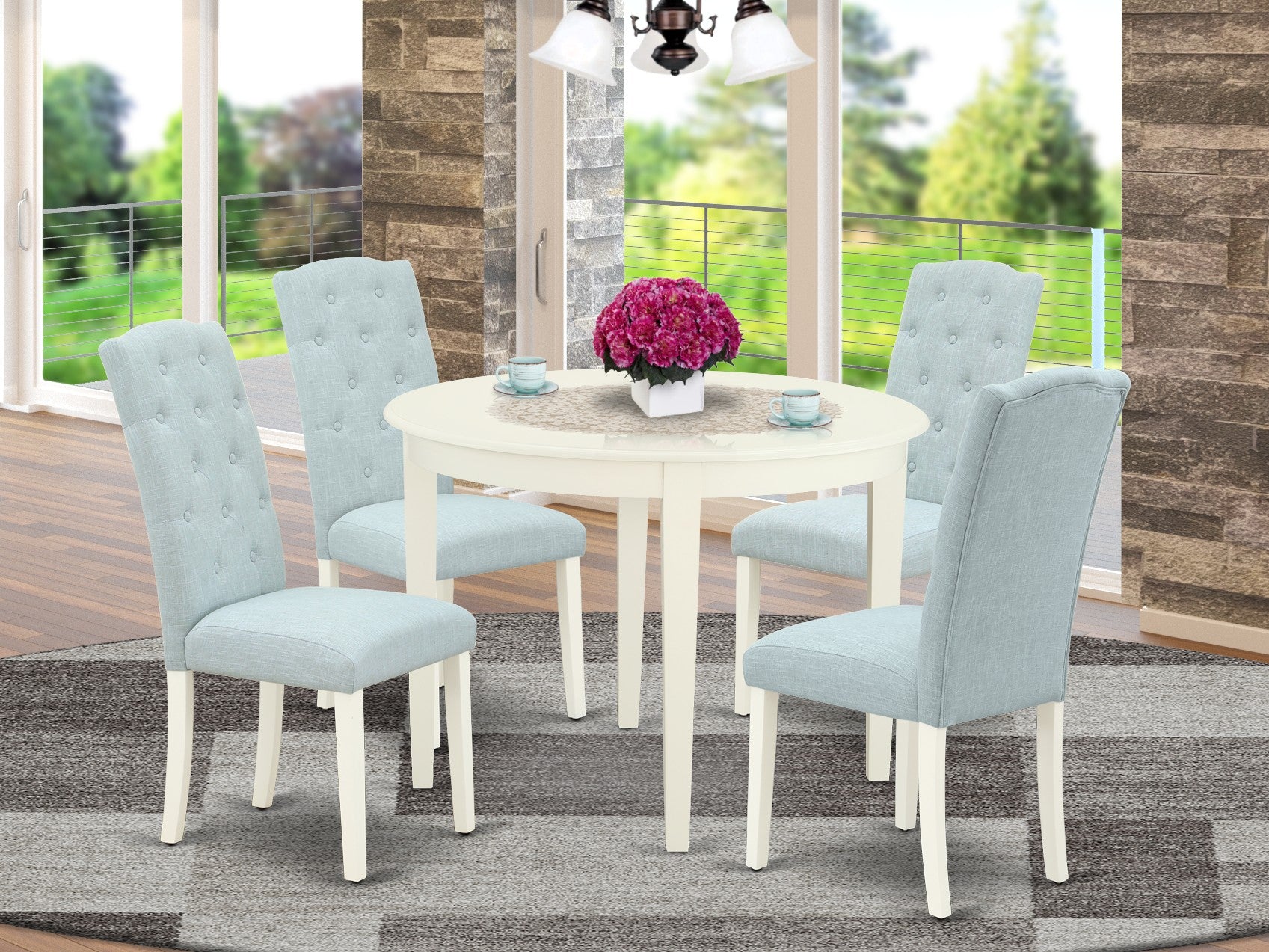 BOCE5-WHI-15 5Pc Dining Set Includes a Small Round Dinette Table and Four Parson Chairs with Baby Blue Fabric, White Finish