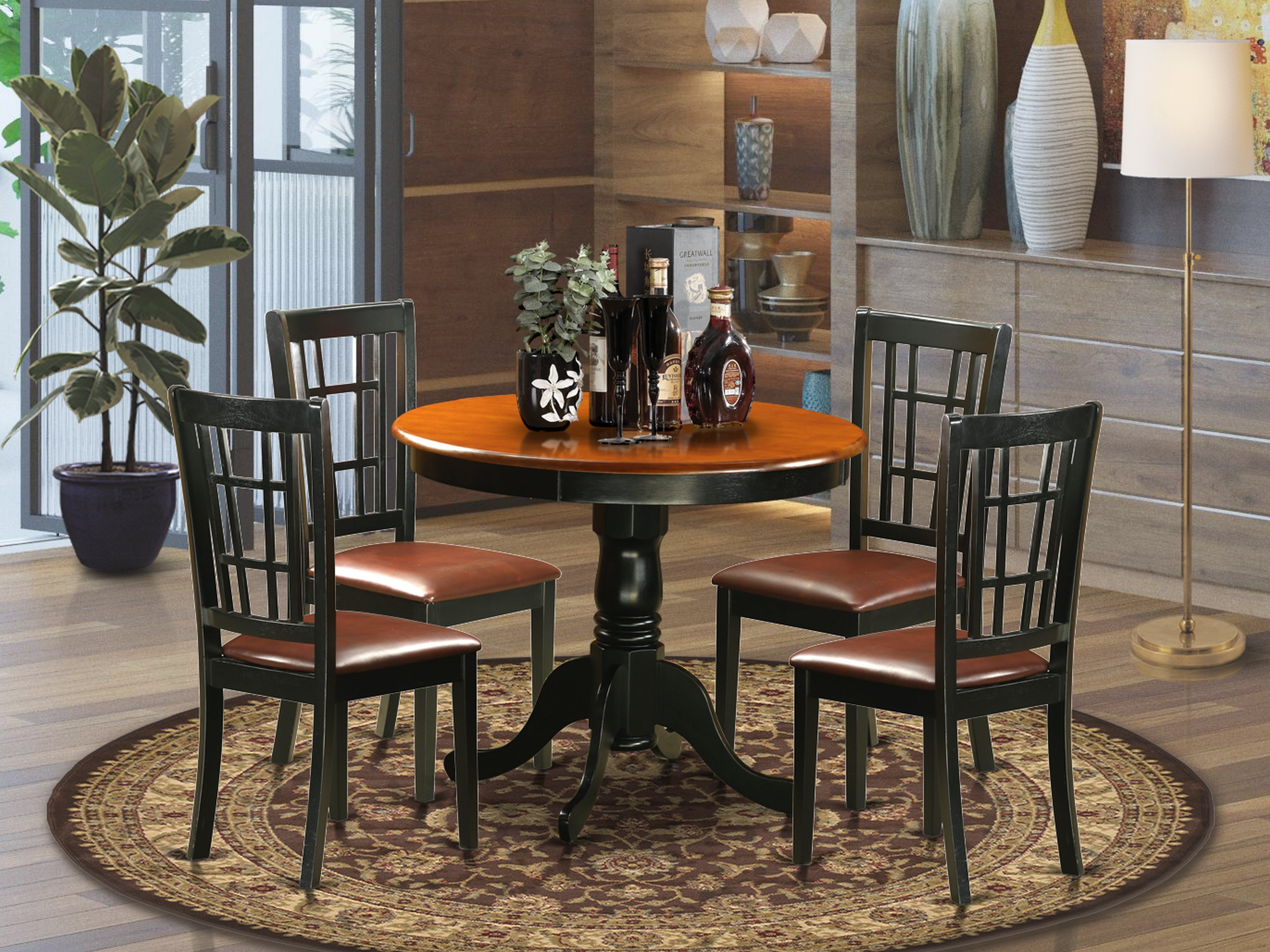 ANNI5-BLK-LC 5 Pc Dining Table with 4 Leather Chairs in Black and Cherry