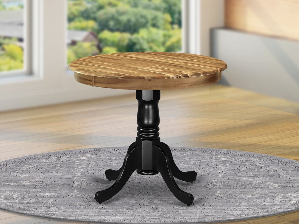 AMT-NBK-TP Antique Dining Table Made of Acacia Wood offering Wood Texture Table Top, 36 Inch Round, Wirebrushed Black Pedestal