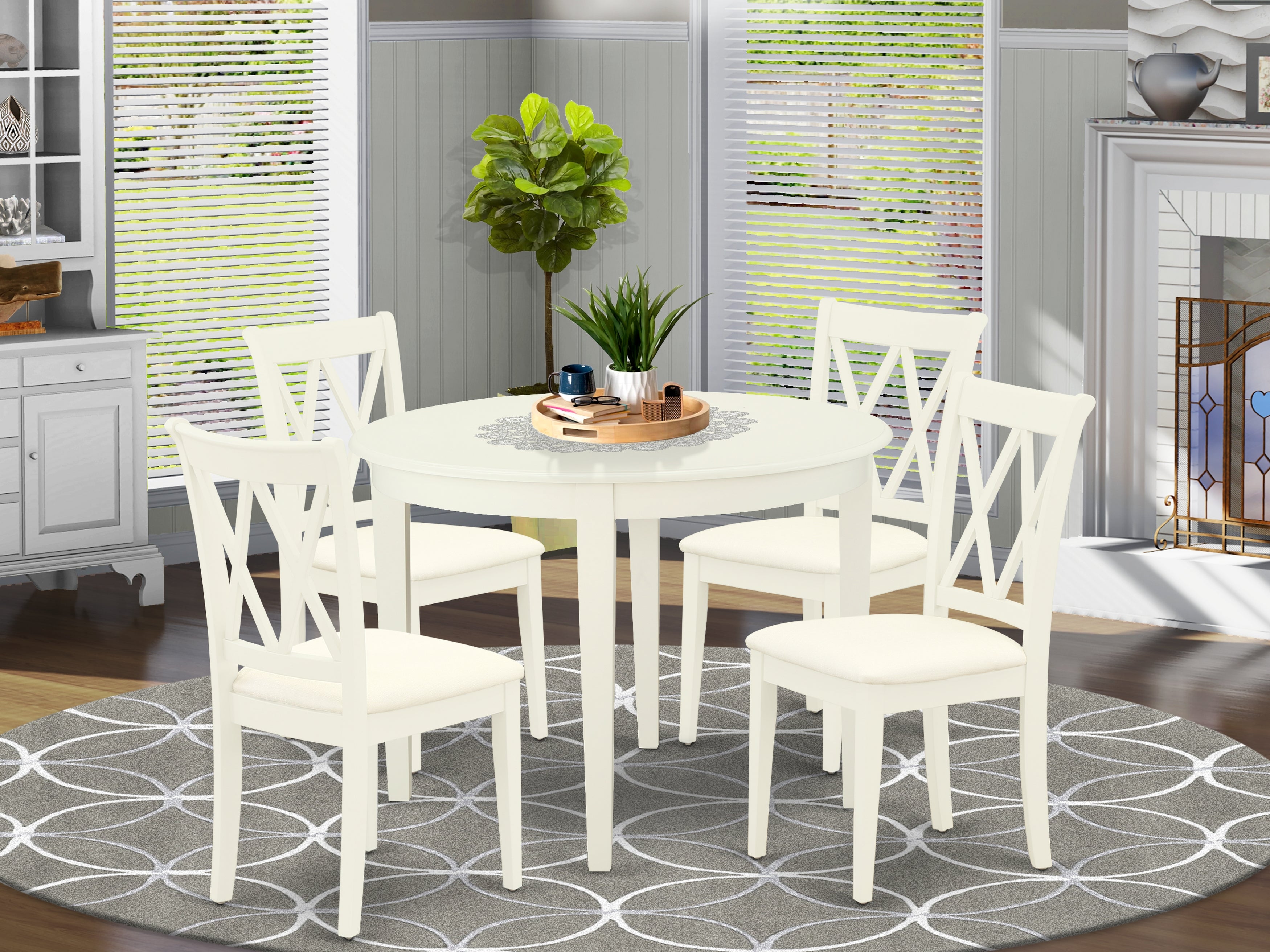 BOCL5-WHI-C 5Pc Dining Set Includes a Round Dinette Table and Four Double X Back Microfiber Seat Kitchen Chairs, White Finish