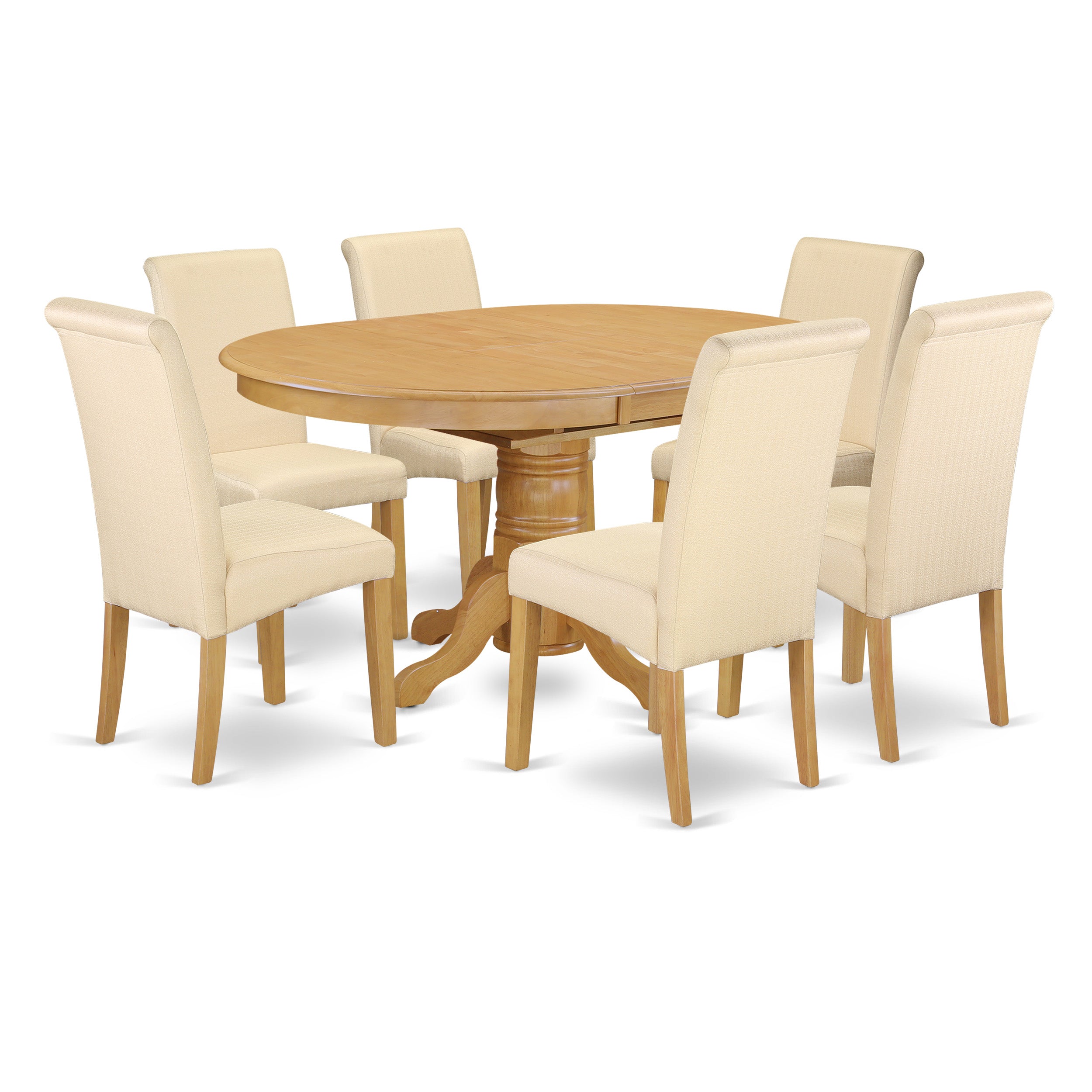 AVBA7-OAK-02 7Pc Oval Dining Room table with linen beige fabric dining chairs with oak chair legs