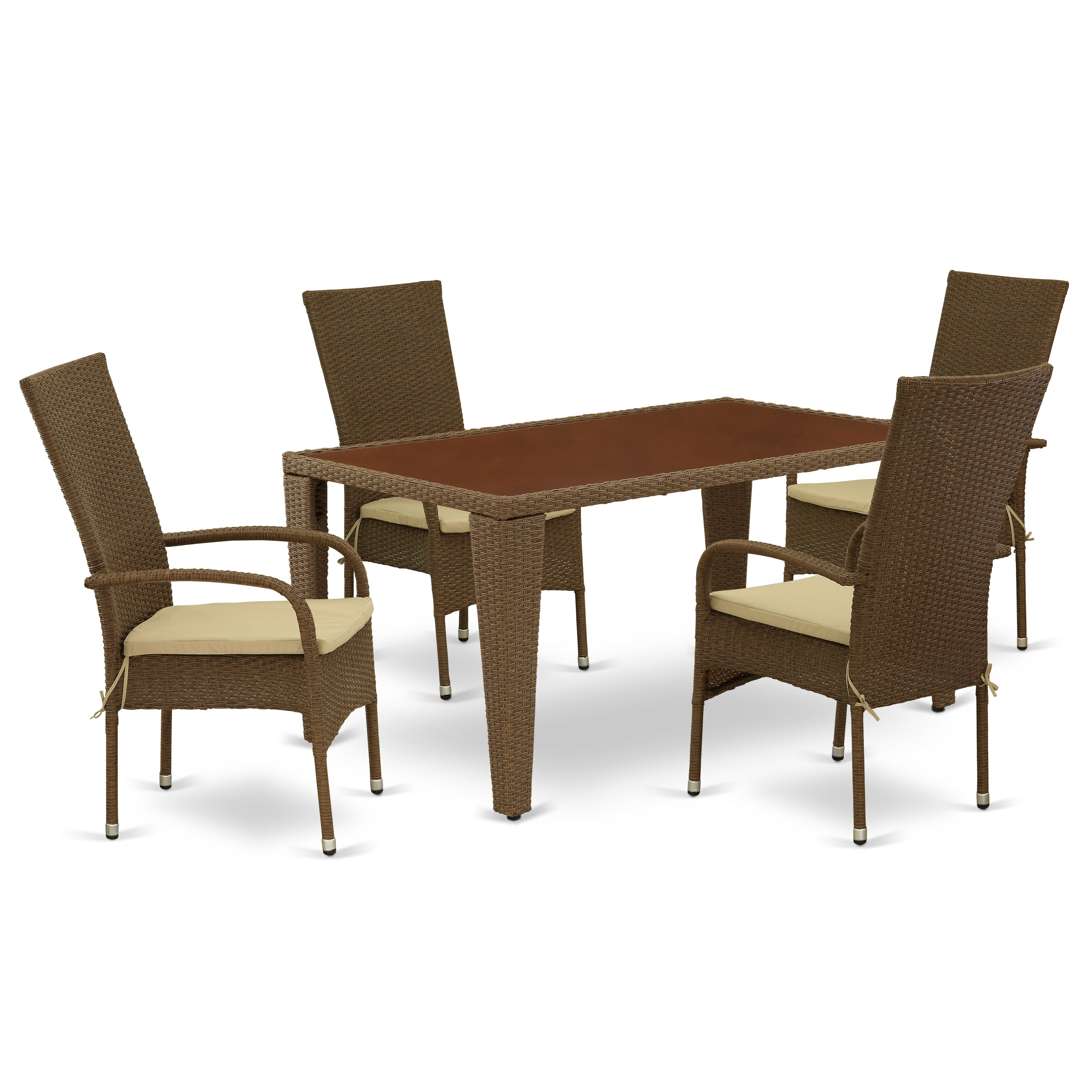 GUOS5-02A 5Pc Outdoor-Furniture Brown Wicker Dining Set Includes a Patio Table and 4 Balcony Backyard Armchair with Linen Fabric Cushion