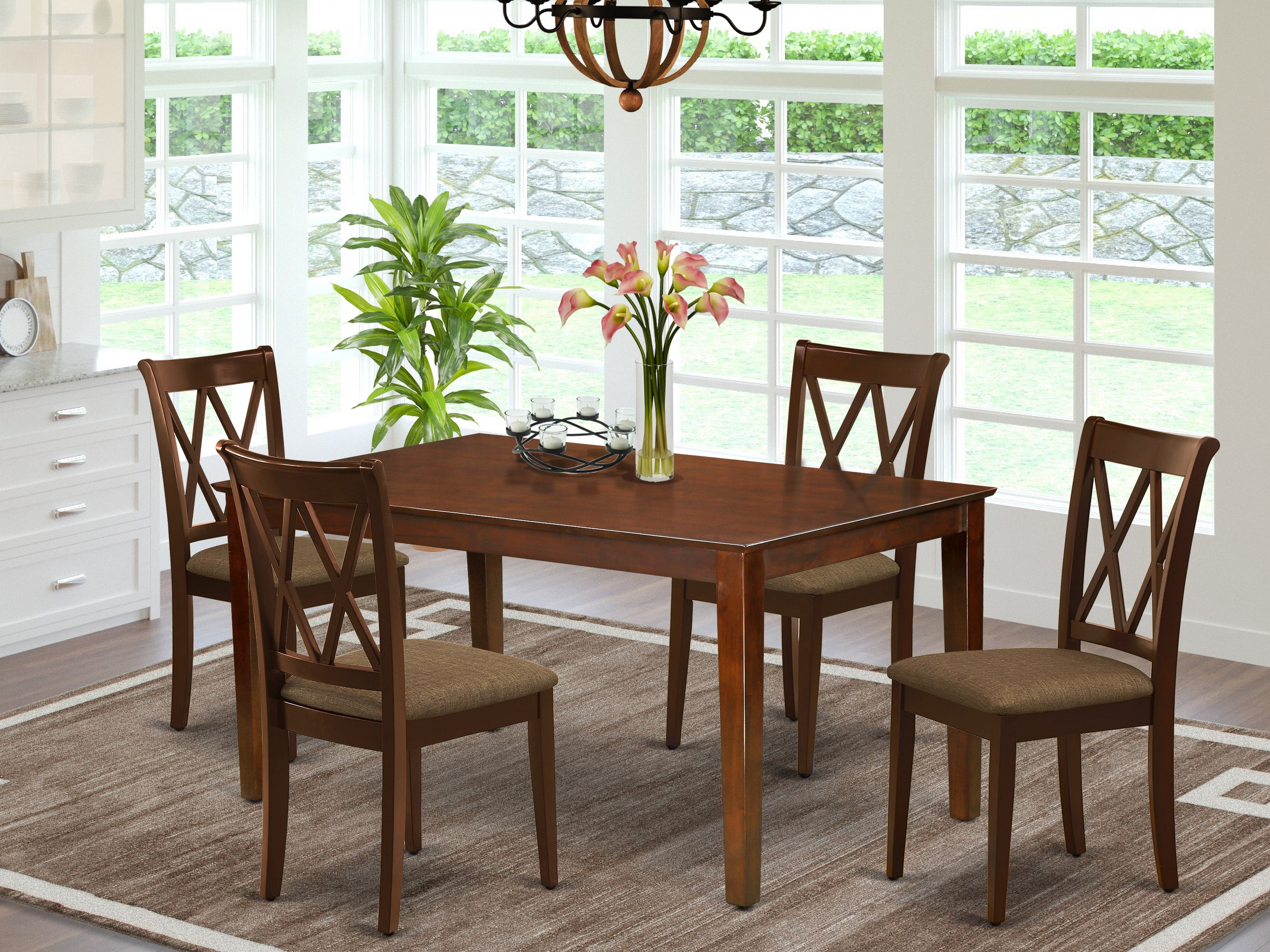 CACL5-MAH-C 5Pc Dining Set Includes a Rectangle Dinette Table and Four Double X Back Microfiber Seat Kitchen Chairs, Mahogany Finish