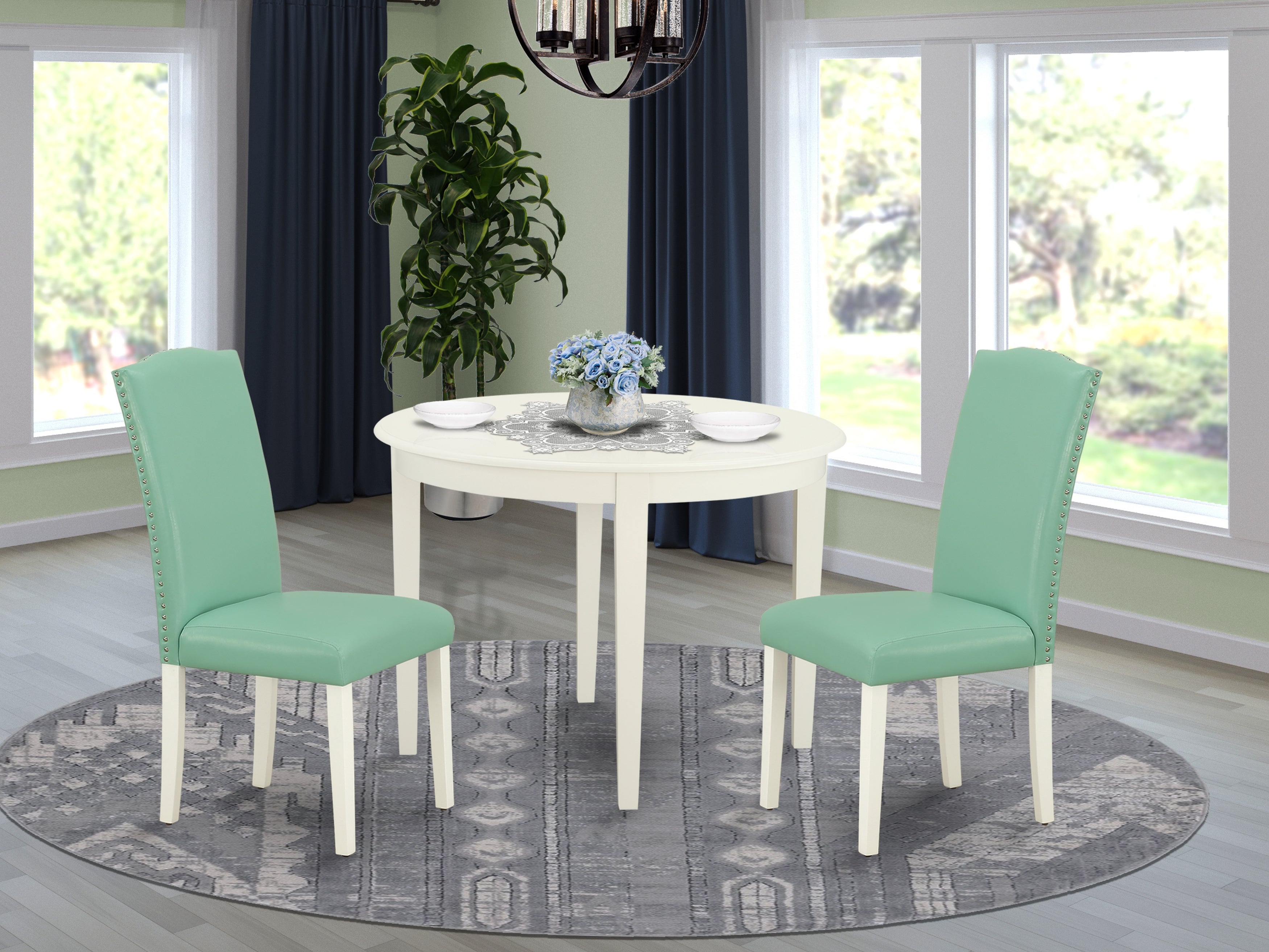 BOEN3-LWH-57 3Pc Round 42" Table And Two Parson Chair With Linen White Leg And Pu Leather Color Pond