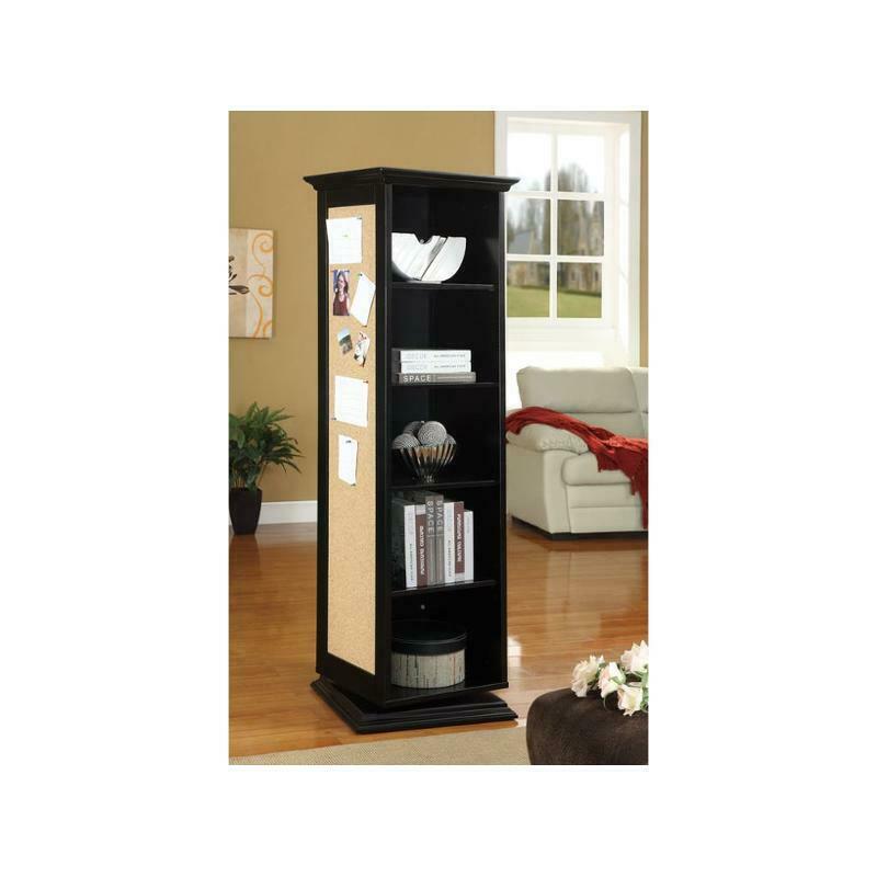 Swivel Accent Rotating Cabinet With Cork Board And Dressing Mirror Shelves Black