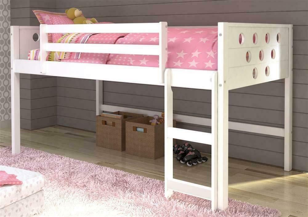 Donco Kids Circles White Low Loft Twin Bunk Bed With Pink Tent