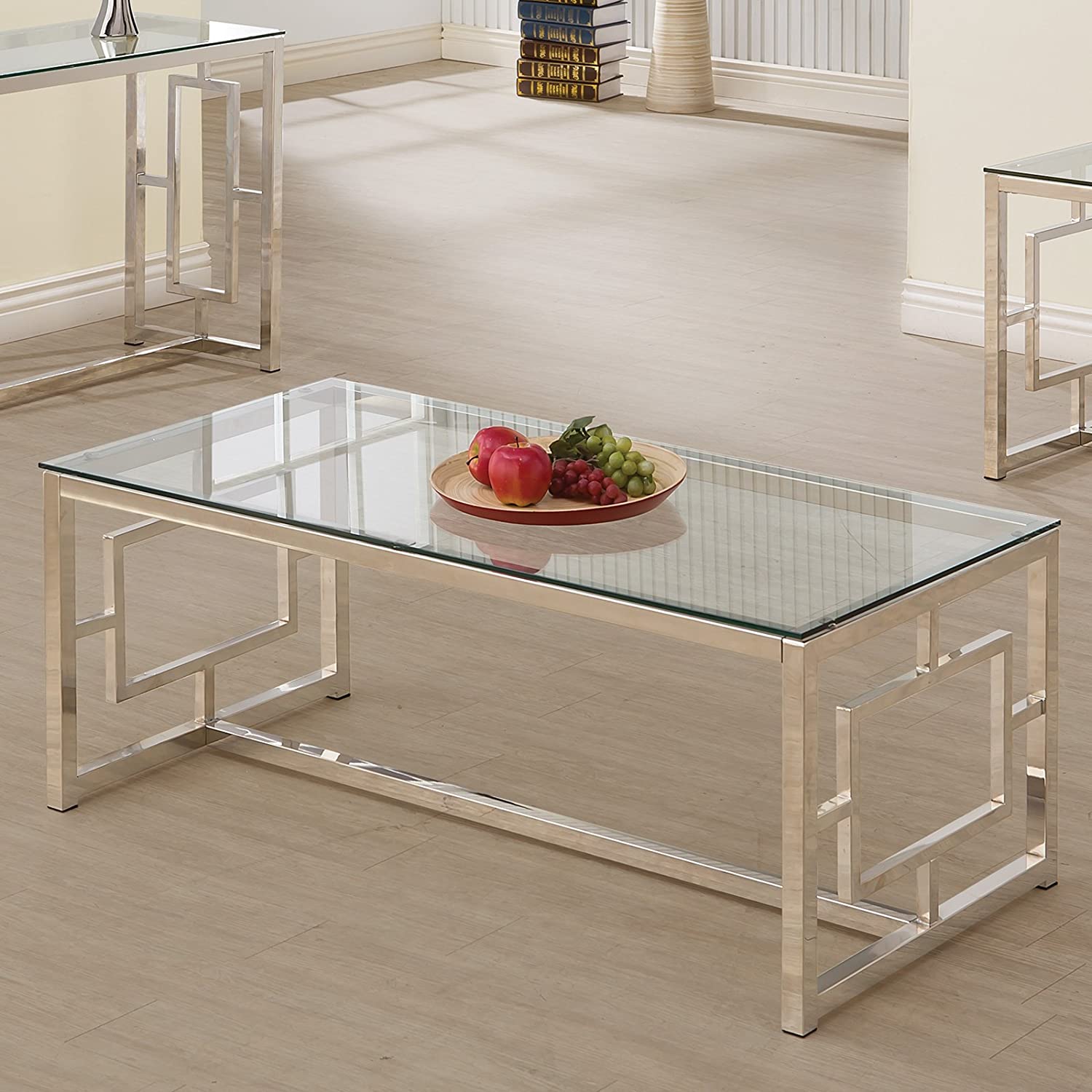 Cairns Coffee Table with Glass Top and Geometric Motif Nickel and Clear