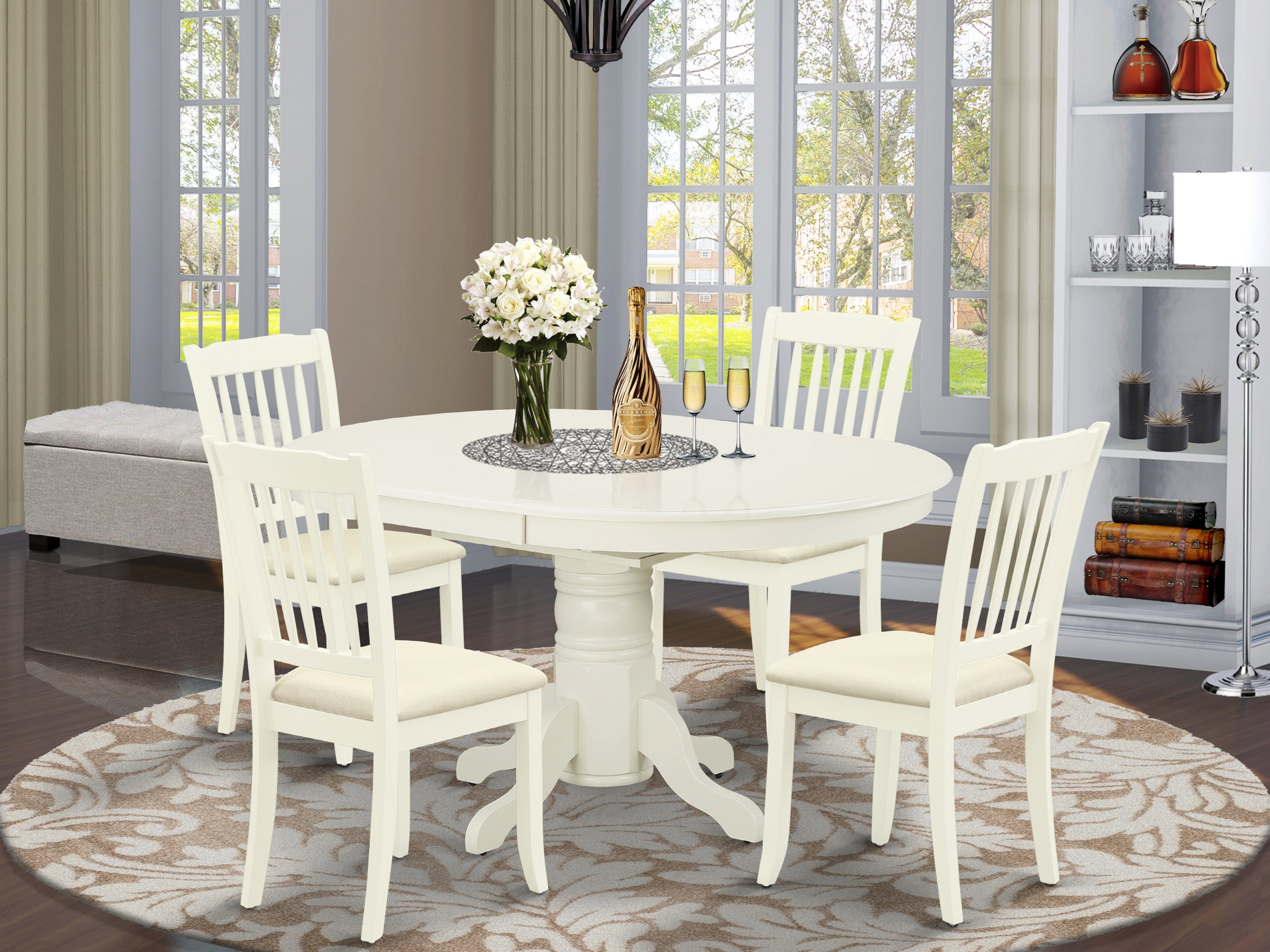 AVDA5-LWH-C 5Pc Dining Set Includes an Oval Dinette Table with Butterfly Leaf and Four Vertical Slatted Microfiber Seat Kitchen Chairs, Linen White Finish