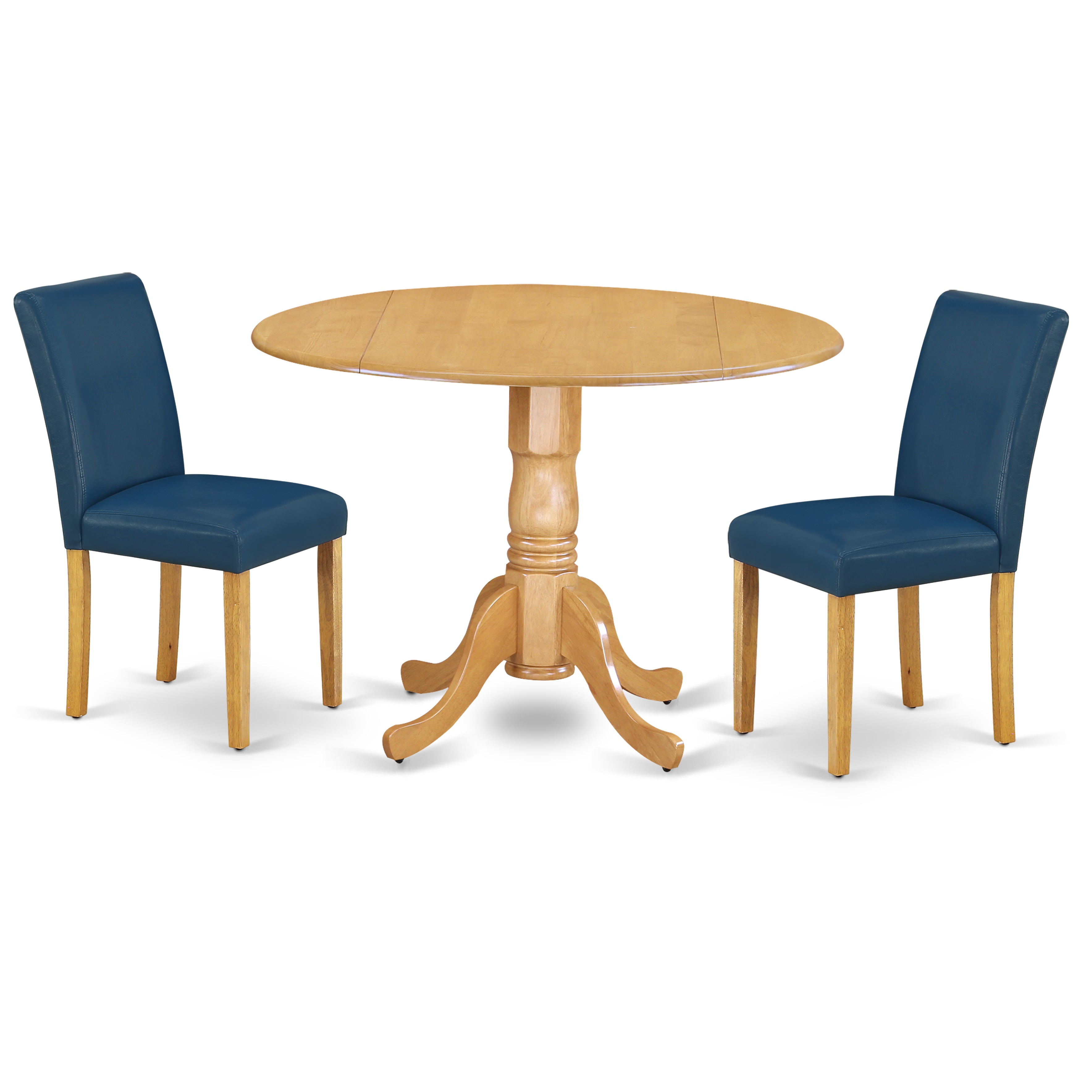 DLAB3-OAK-55 3Pc Round 42" Dining Room Table With Two 9-Inch Drop Leaves And A Pair Of Parson Chair With Oak Leg And Pu Leather Color Oasis