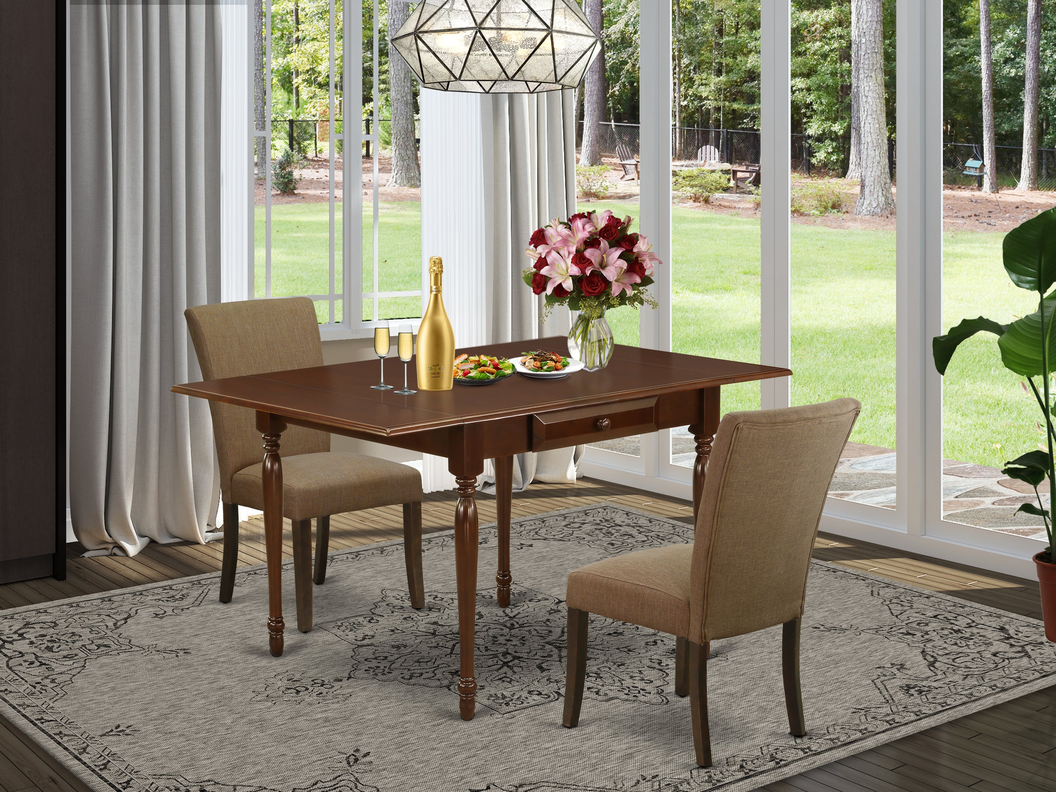 East West Furniture MZAL3-MAH-17 3Pc Dinette Sets for Small Spaces Includes a Kitchen Table and 2 Parson Chairs with Light Sable Color Linen Fabric, Drop Leaf Table with Full Back Chairs, Mahogany Finish