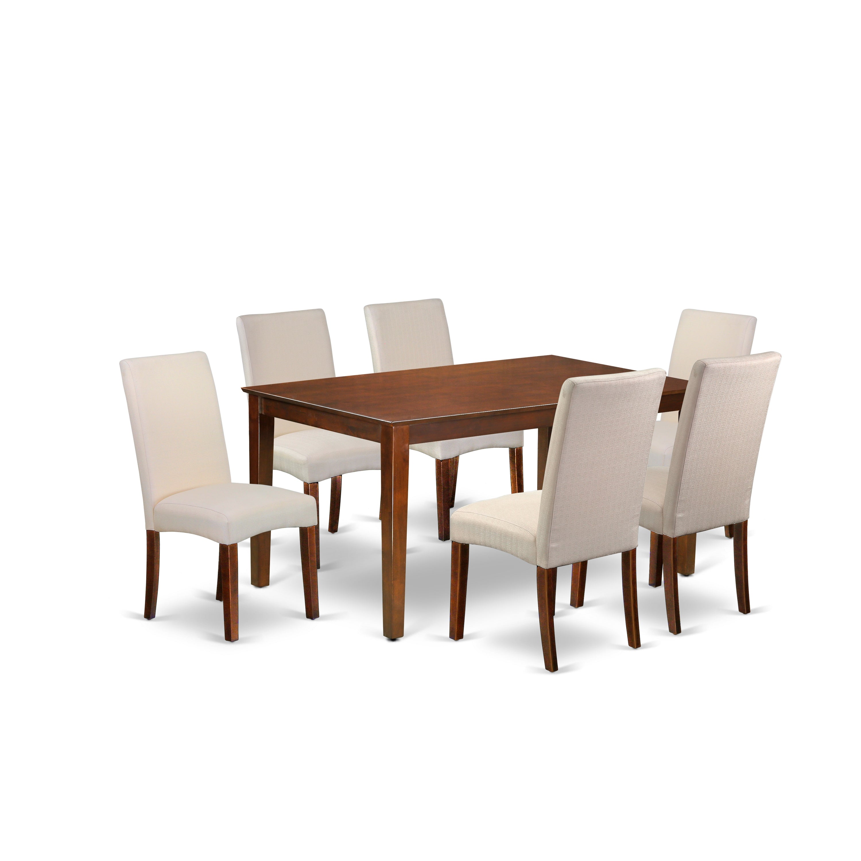 CADR7-MAH-01 7Pc Rectangle 60" Dining Table And 6 Parson Chair With Mahogany Finish Leg And Linen Fabric- Cream Color