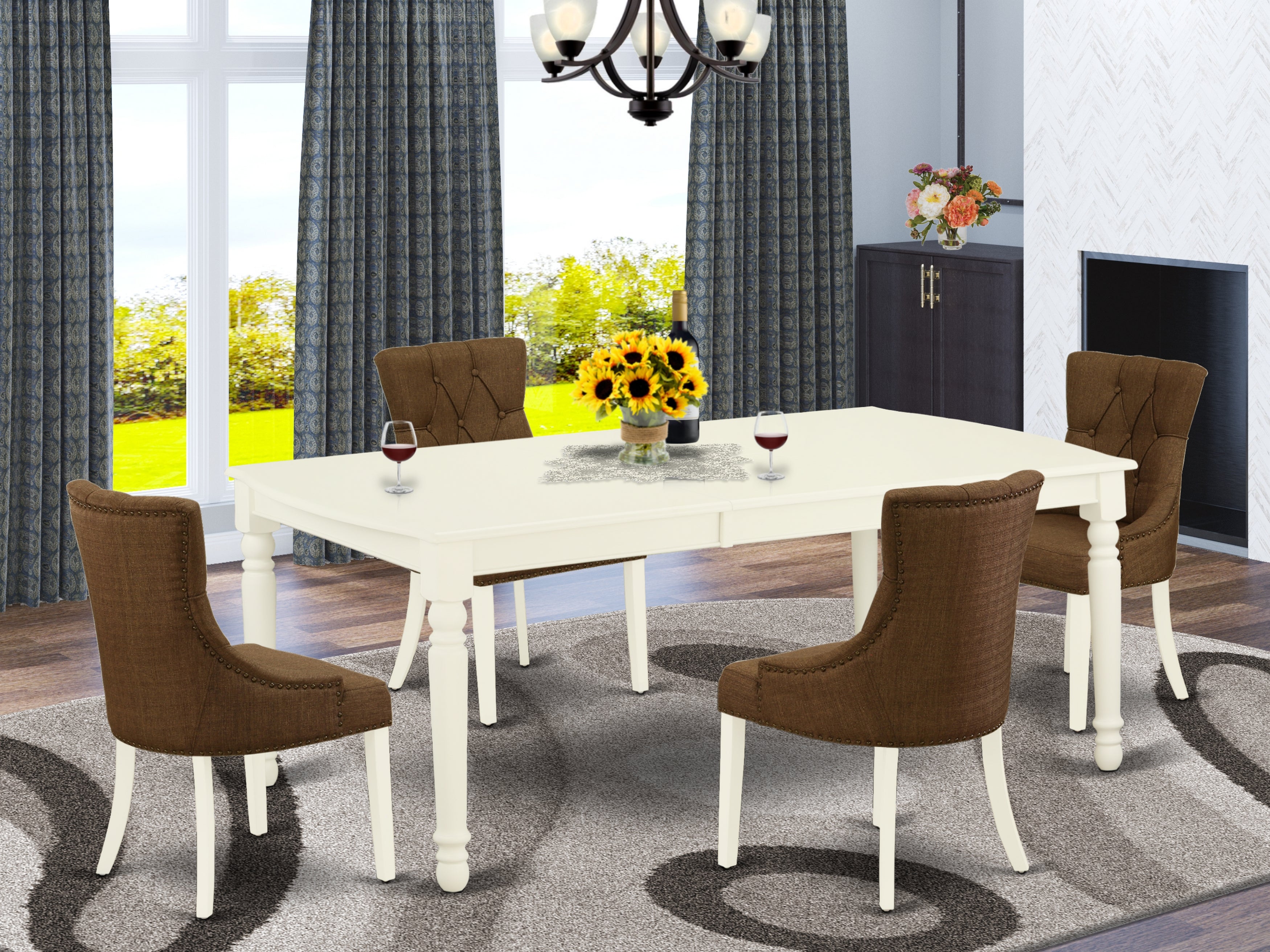 DOFR5-LWH-18 5Pc Dining Set Includes a Rectangle Dinette Table with Butterfly Leaf and Four Parson Chairs with Dark Coffee Fabric, Linen White Finish
