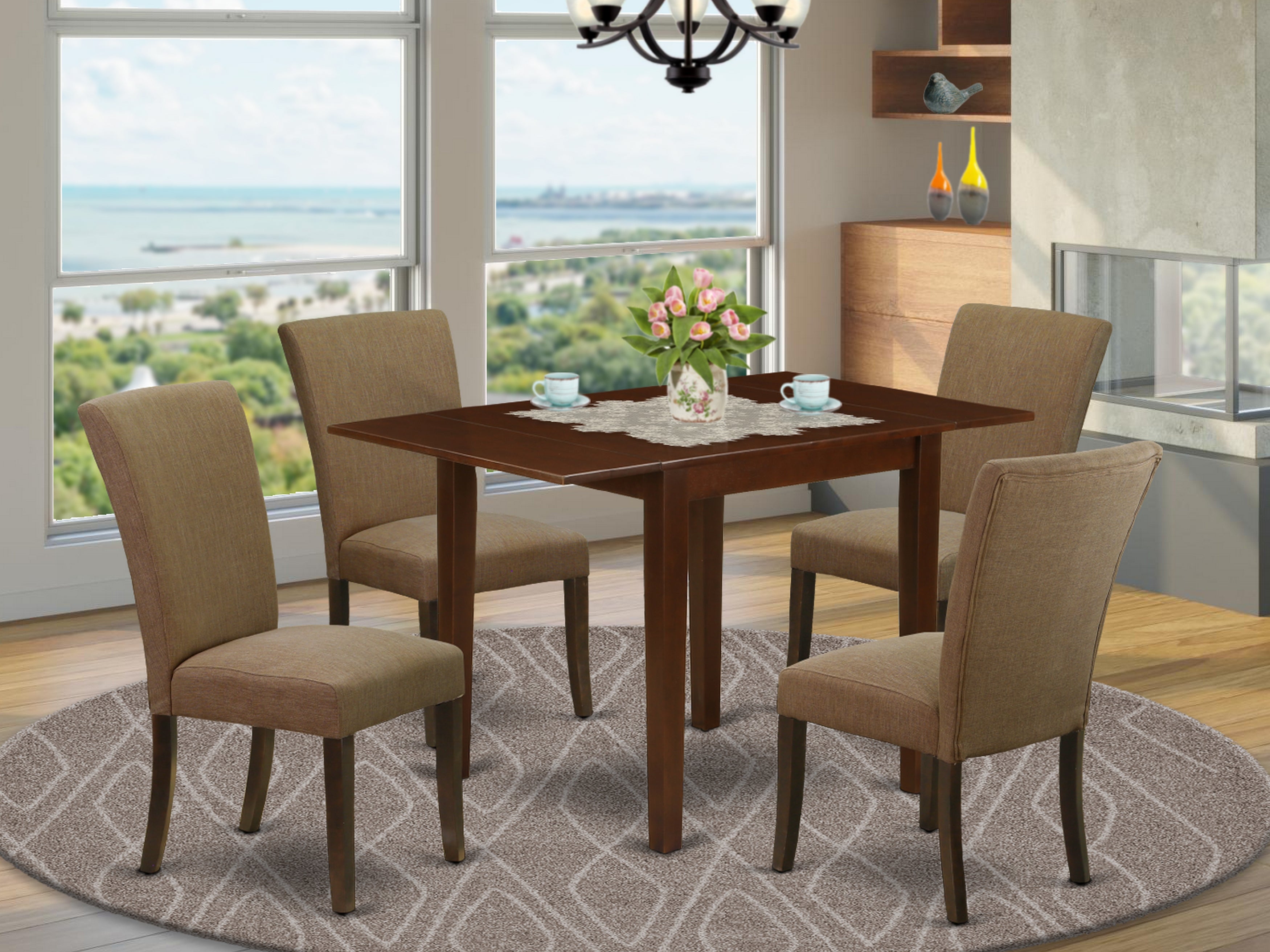 East West Furniture NDAL5-MAH-17 Wooden Dining Table Set 5 Pc - Four Parson Chairs and a Wood Table - Mahogany Finish Hardwood - Light Sable Color Linen Fabric