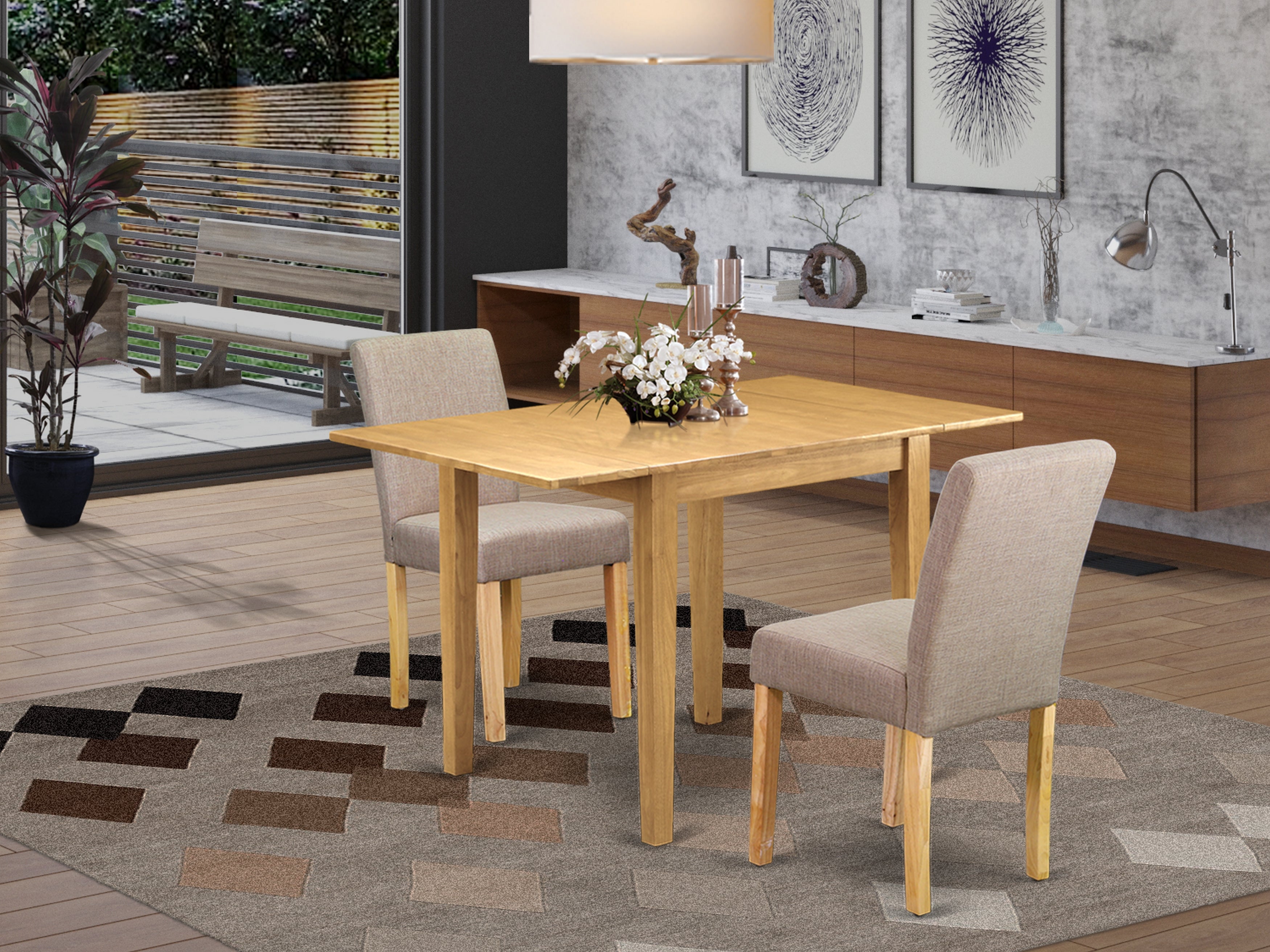 East West Furniture NDAB3-OAK-04 Dining Table Set 3 Pc - Two Dining Room Chairs and a Modern Dining Table - Oak Finish Wood - Light Fawn Color Linen Fabric