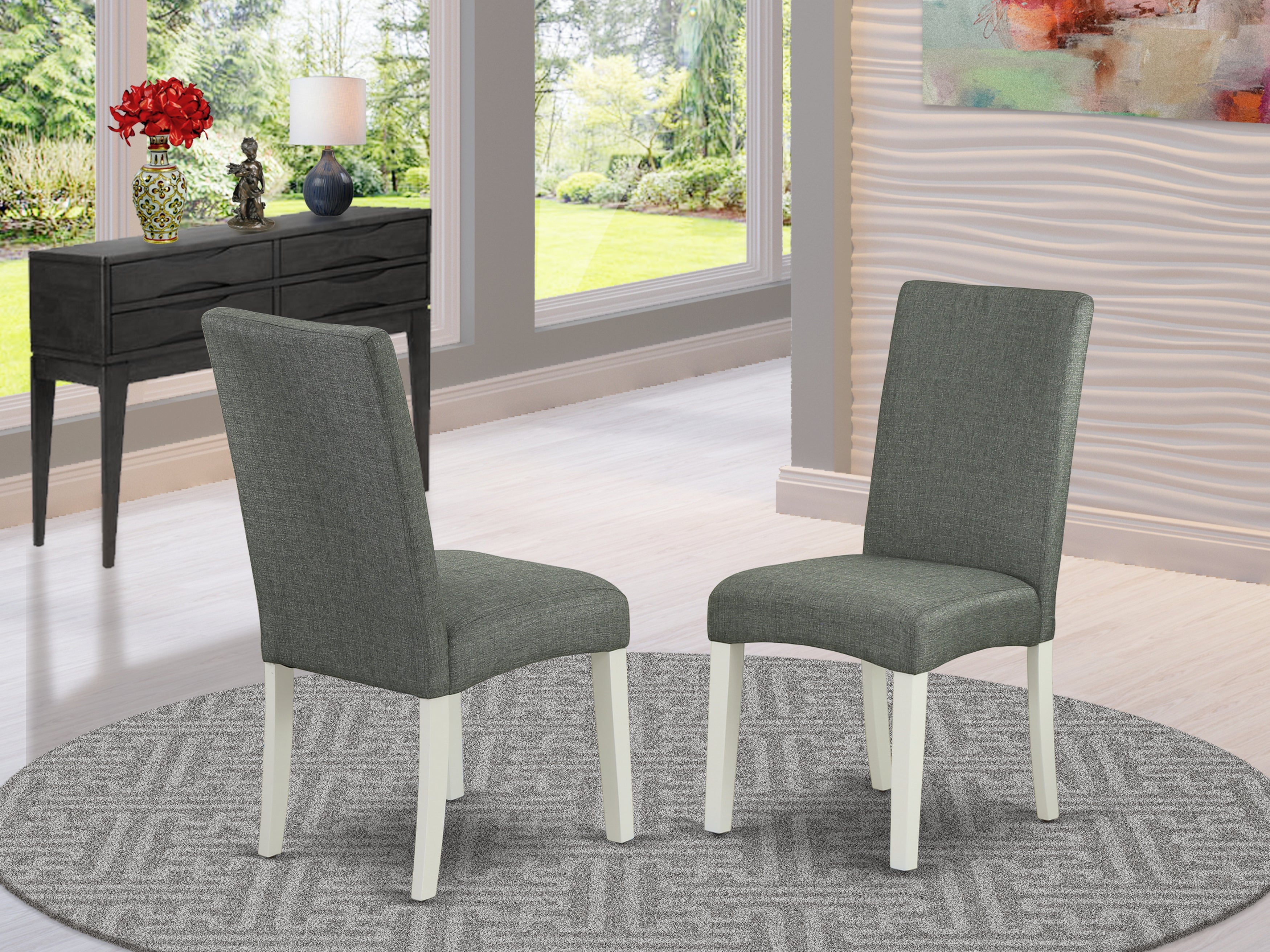 DRP2T07 Parson Chair with Linen White Finish Leg and Linen fabric- Gray Color