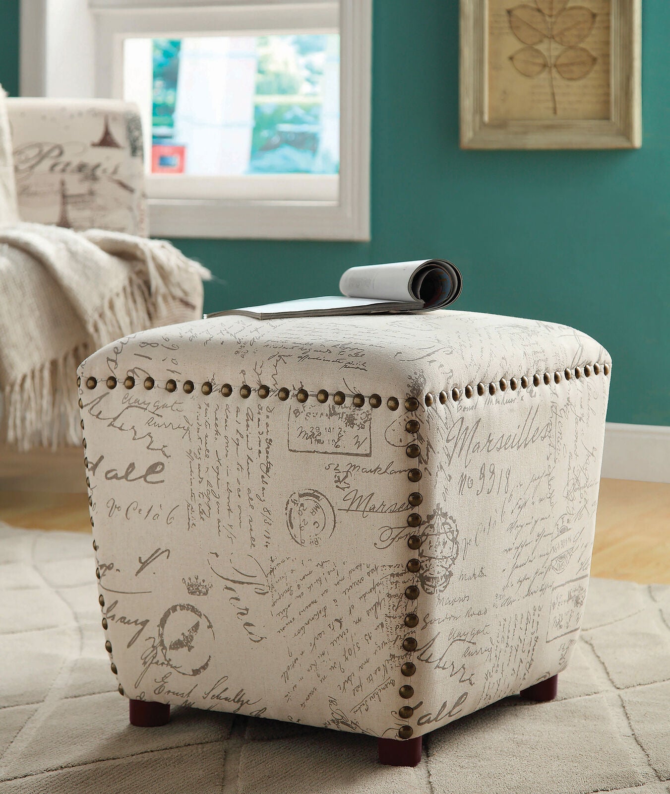 French script Upholstered Ottoman With Nailhead Trim Off White And Grey