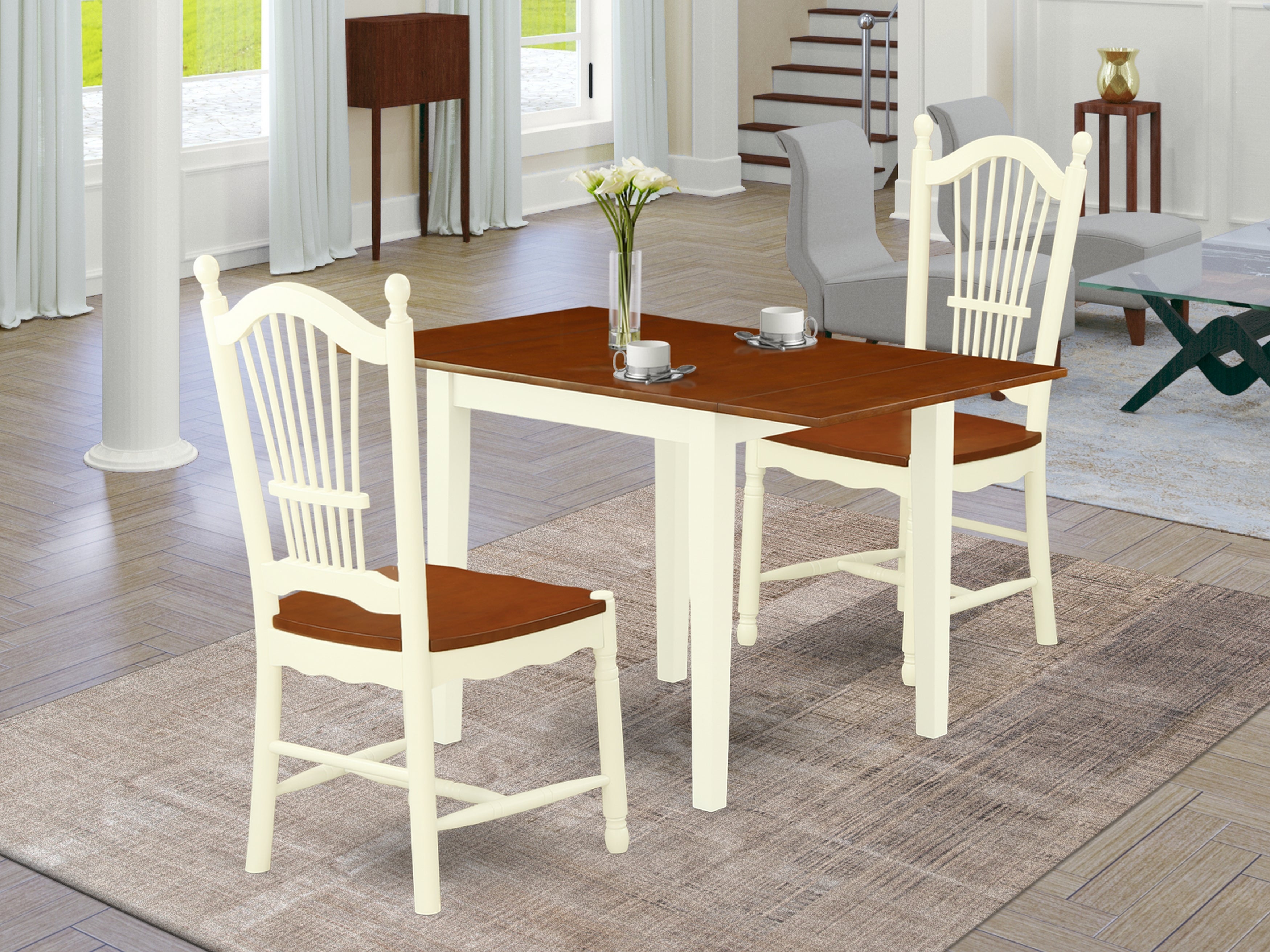 East West Furniture NDDO3-WHI-W Wooden Dining Table Set 3 Pcs- 2 Excellent Kitchen Chairs and an Attractive Dining Room Table - Cherry Finish Hardwood Chair Seat - Buttermilk Finish Wooden Structure.