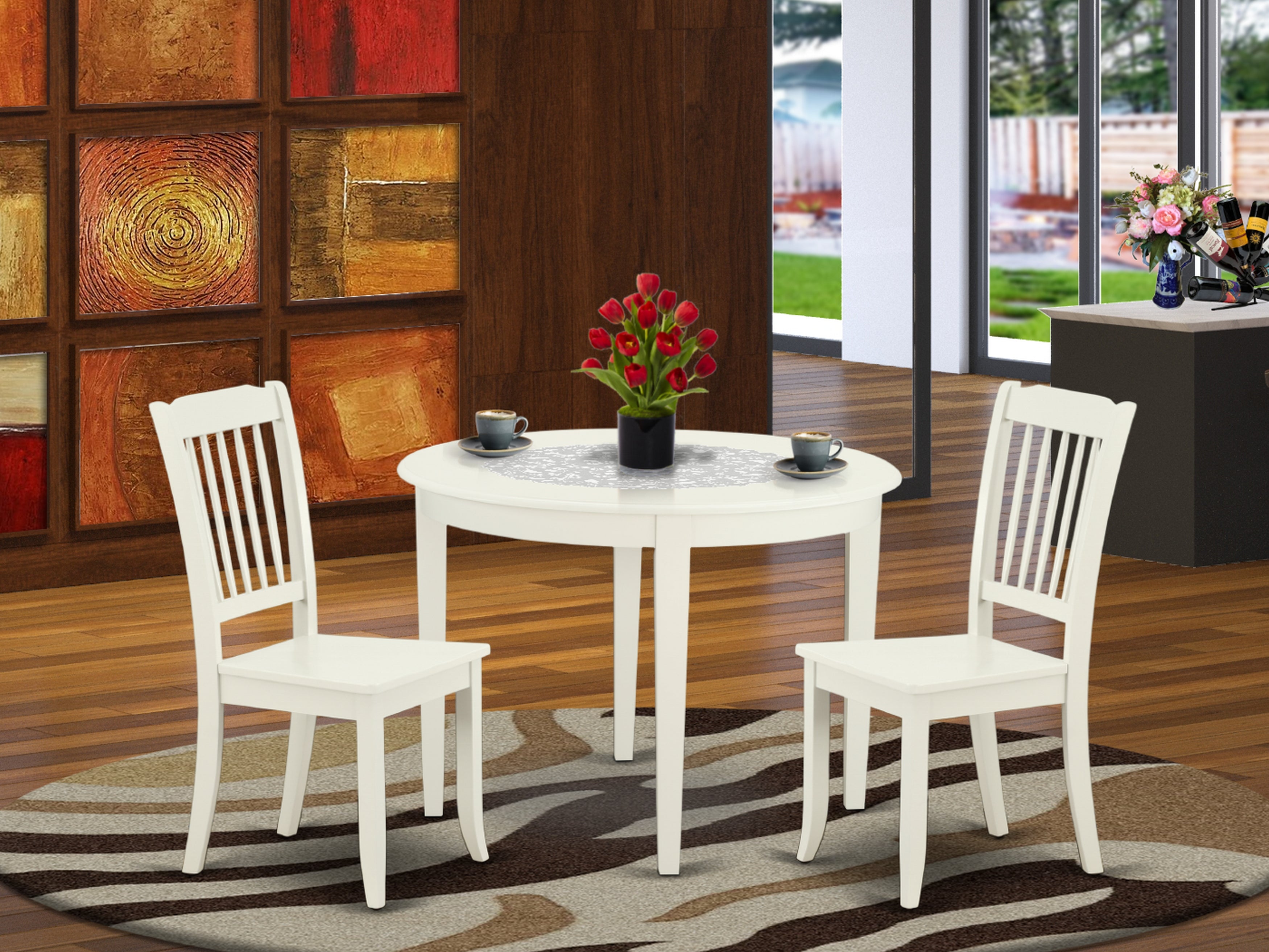 BODA3-LWH-W 3PC Round 42 inch Table and 2 vertical slatted Chairs