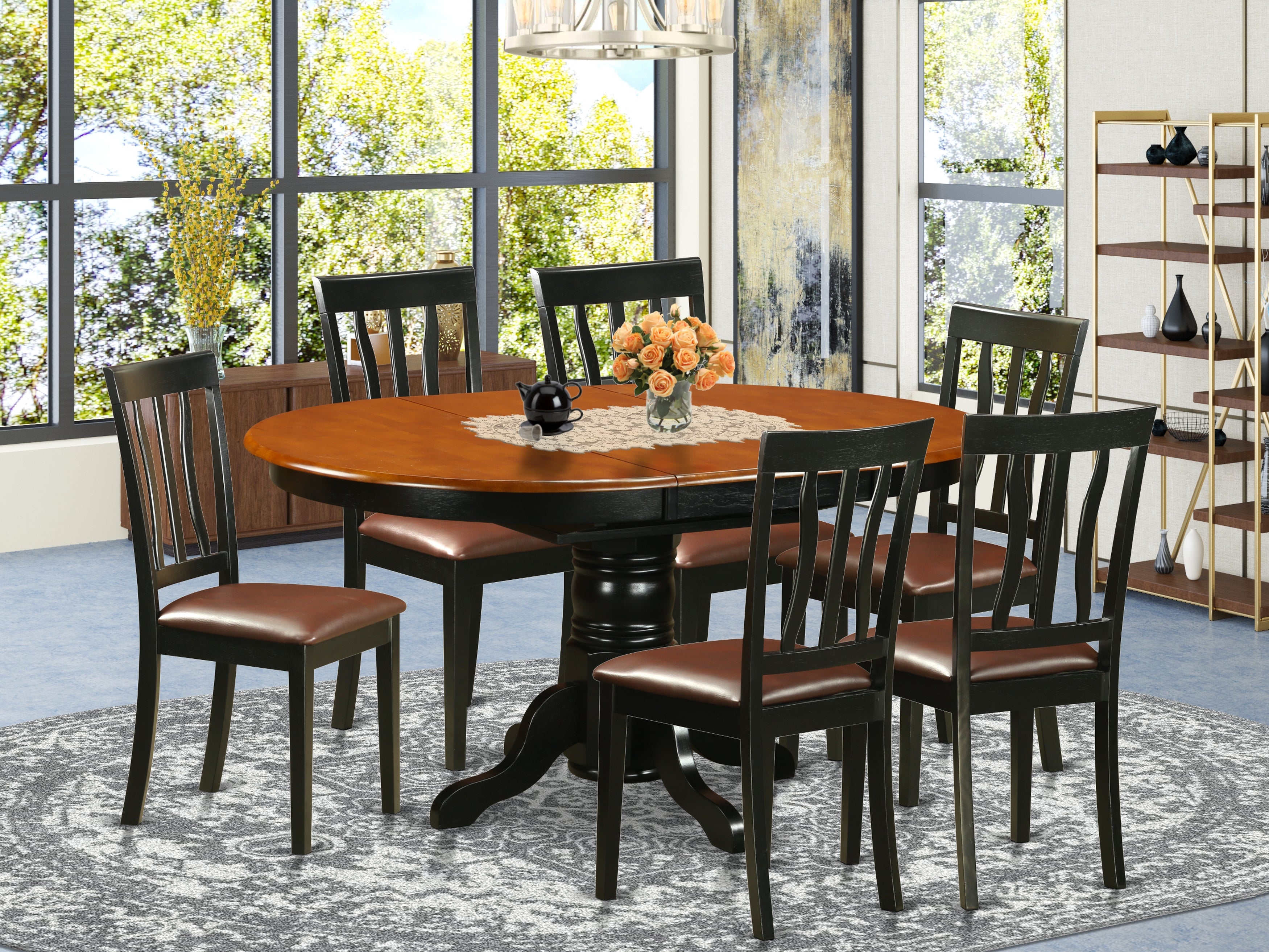 7 Pc Avon Kitchen Dining Room Table w/ leaf & 6 Chairs set In Black / Cherry