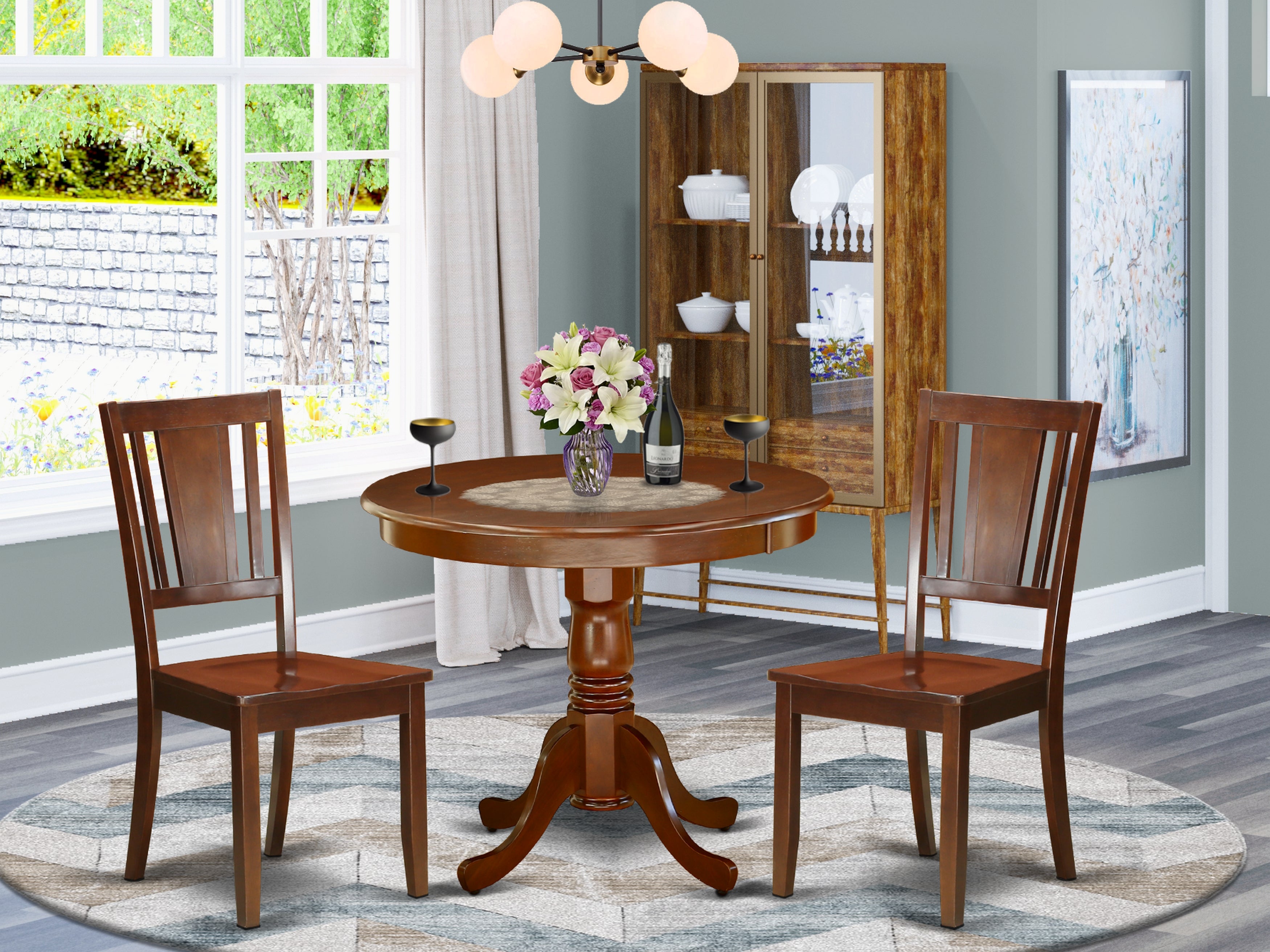 ANDU3-MAH-W 3Pc Round 36 Inch Dining Table And Two Wood Seat Chairs