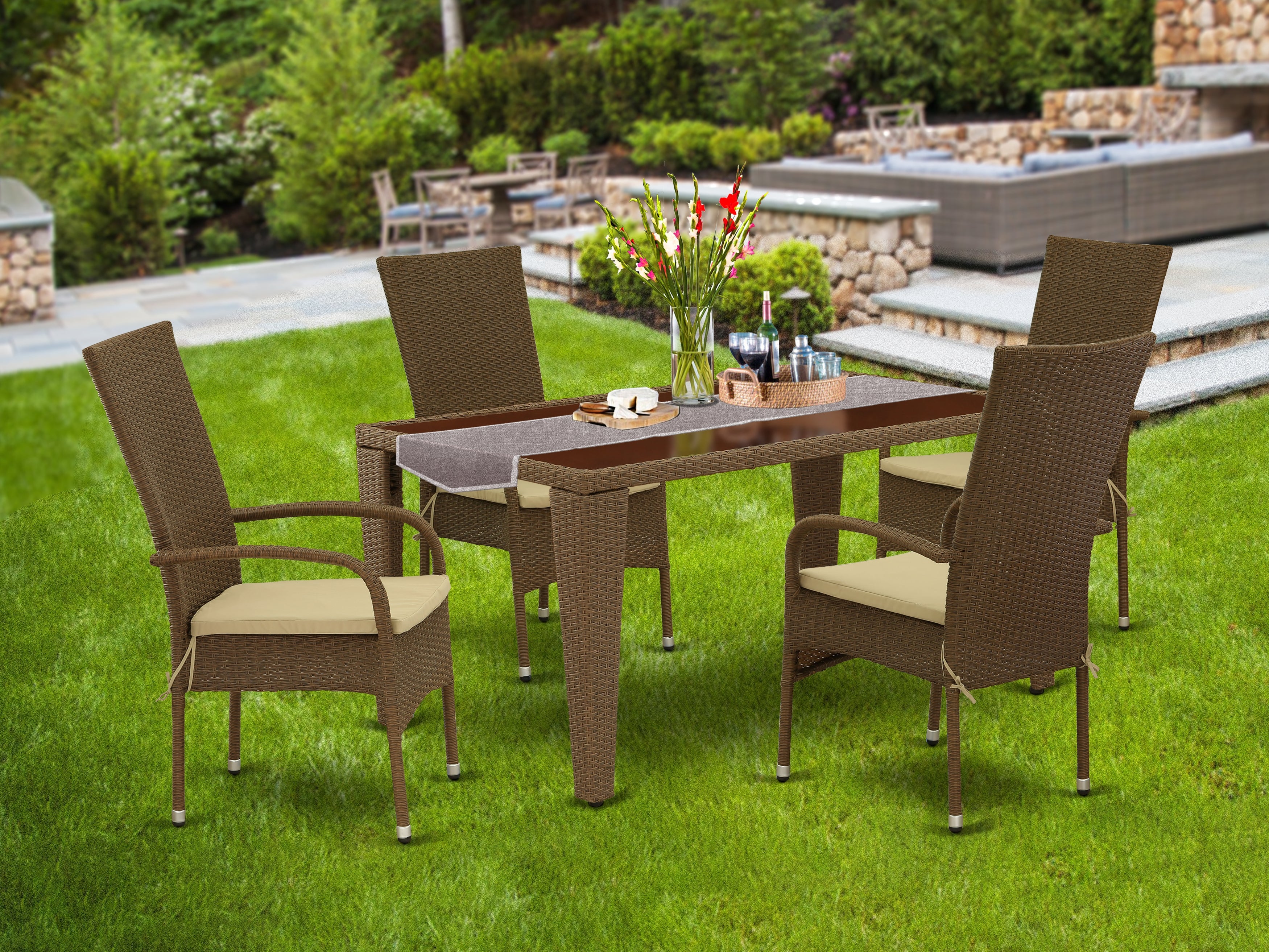 GUOS5-02A 5Pc Outdoor-Furniture Brown Wicker Dining Set Includes a Patio Table and 4 Balcony Backyard Armchair with Linen Fabric Cushion