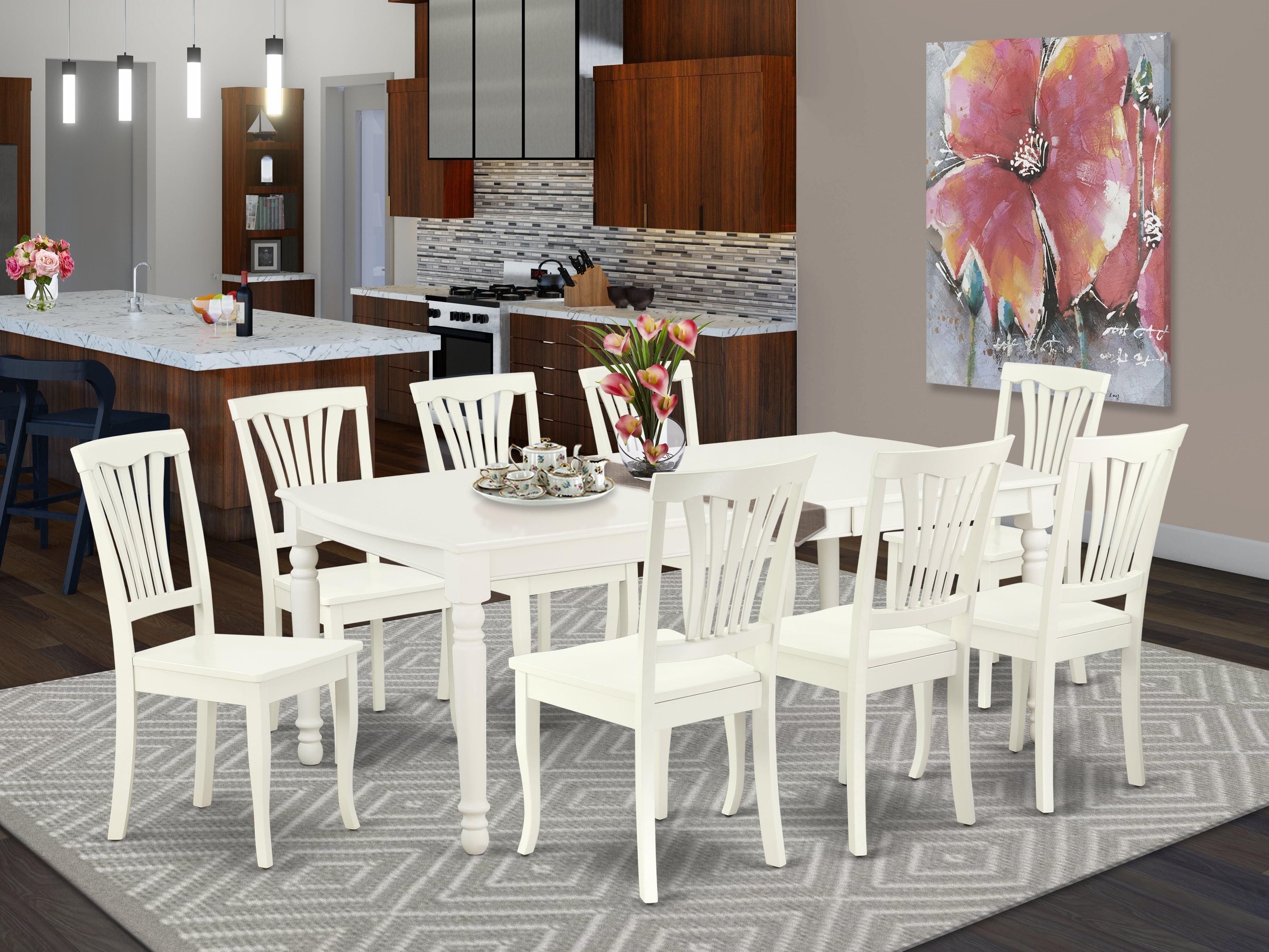 DOAV9-LWH-W 9PC Rectangular 60/78 inch Table with 18 In Leaf and 8 vertical slatted Chairs