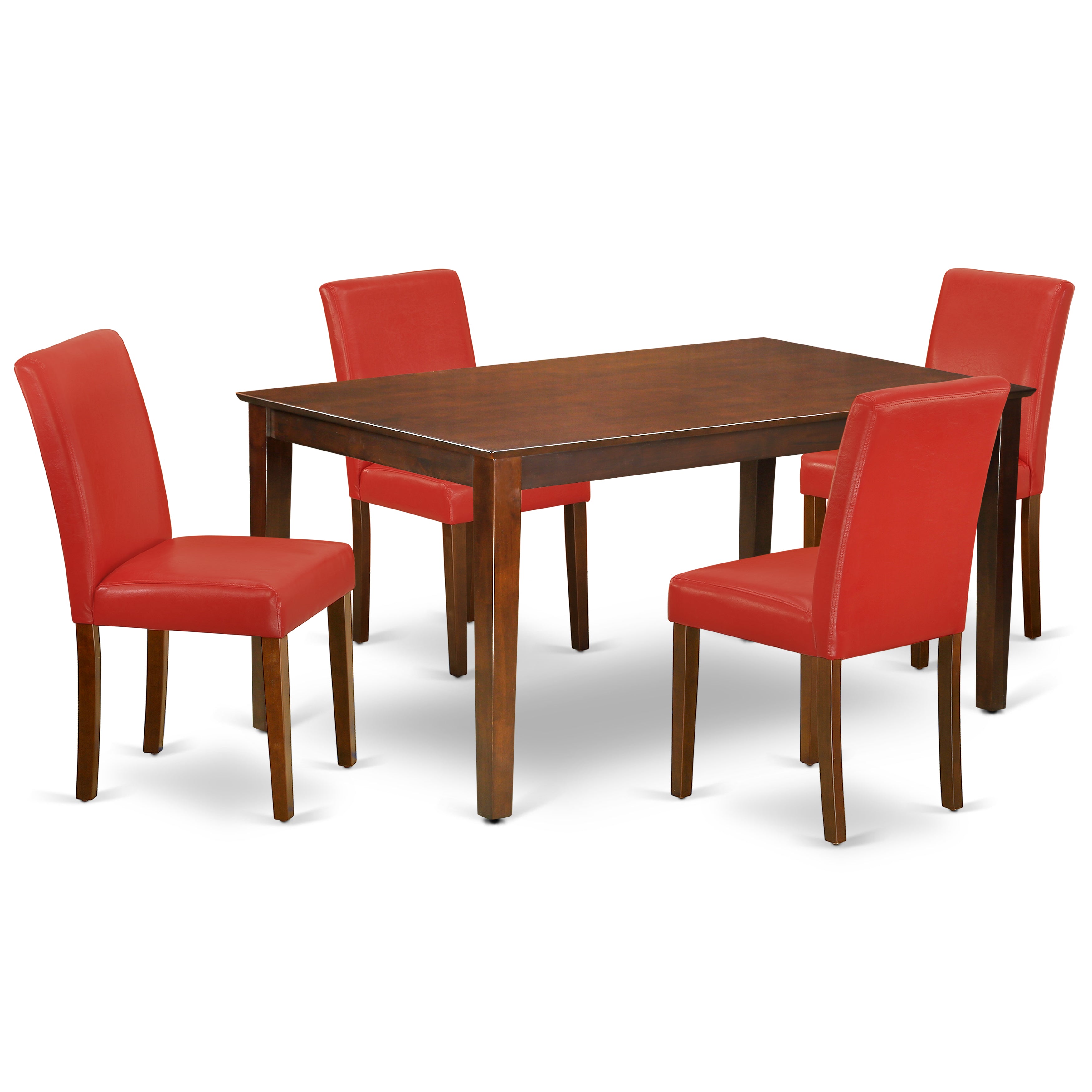 CAAB5-MAH-72 5Pc Rectangle 60" Dining Room Table And 4 Parson Chair With Mahogany Leg And Pu Leather Color Firebrick Red