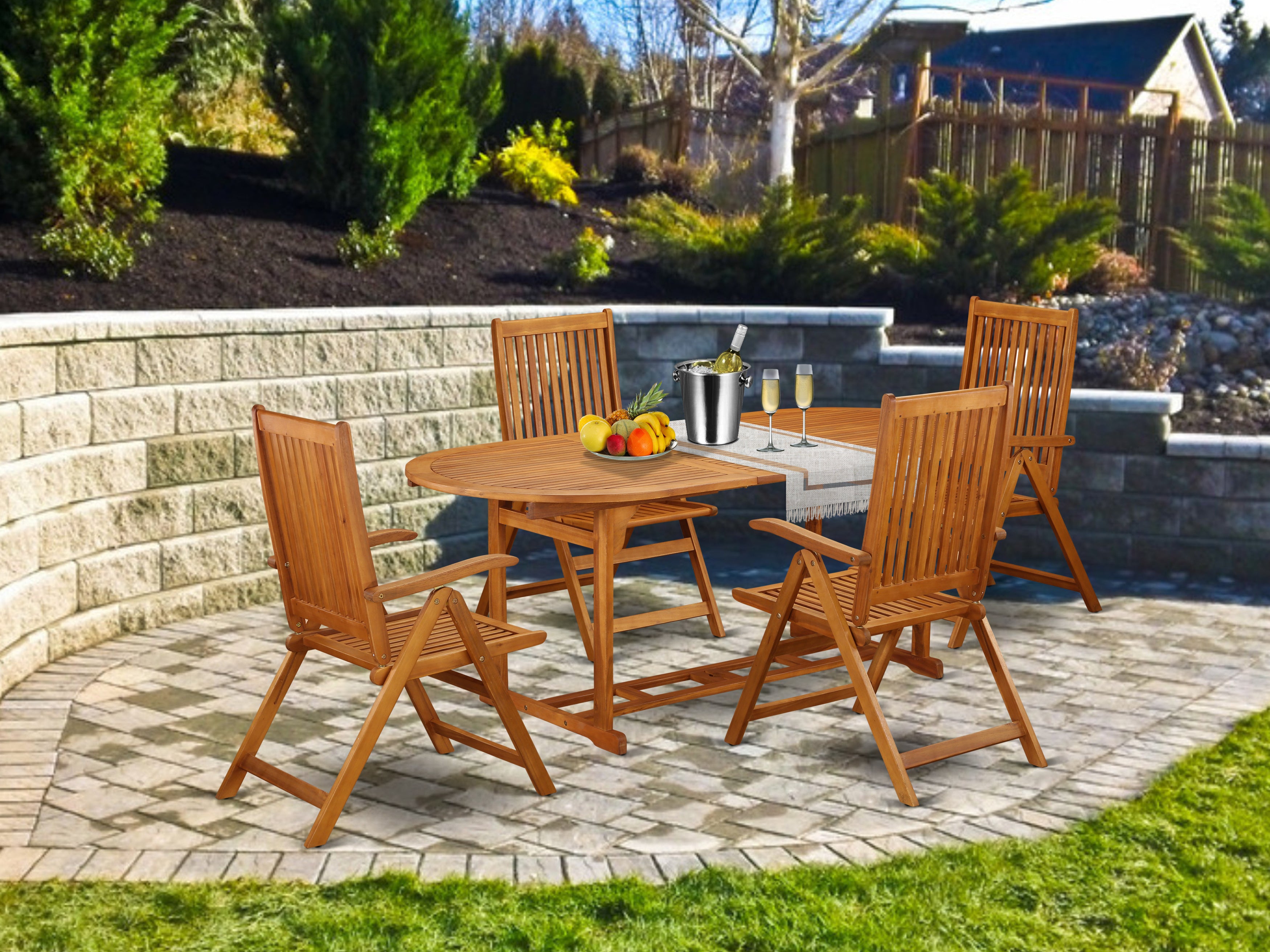 BSCN5NC5N This 5 Pc Acacia Wooden Patio Dining Sets includes one particular Outdoor-Furniture table and 4 chairs