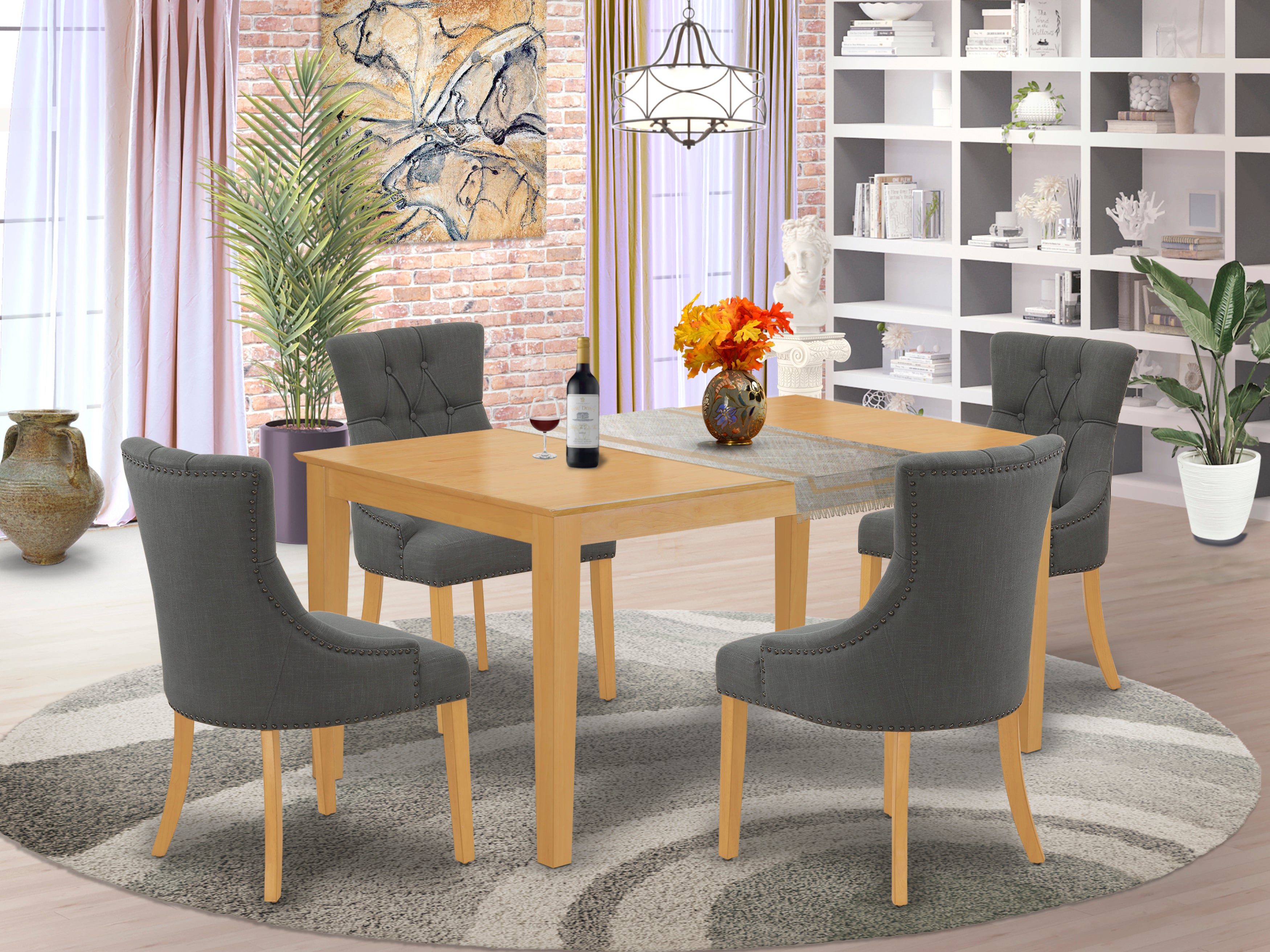 CAFR5-OAK-20 5Pc Dining Set Includes a Rectangle Dinette Table and Four Parson Chairs with Dark Gotham Grey Fabric, Oak Finish