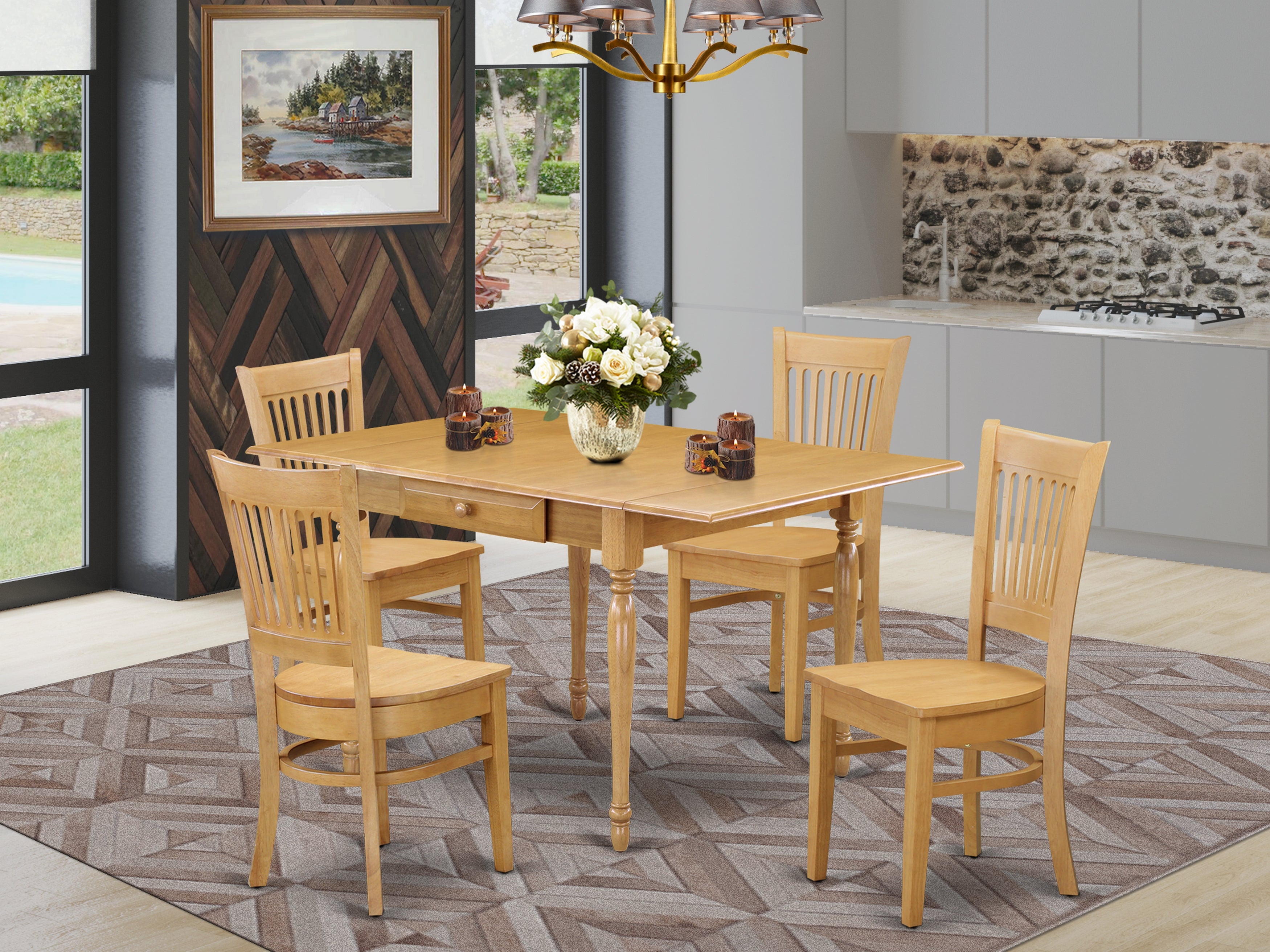East West Furniture MZVA5-OAK-W 5 Pieces Wooden Dining Table set - Strong Drop Leaf Solid Wood Table and 4 Wooden Seat Dining Room Chairs, Oak Finish