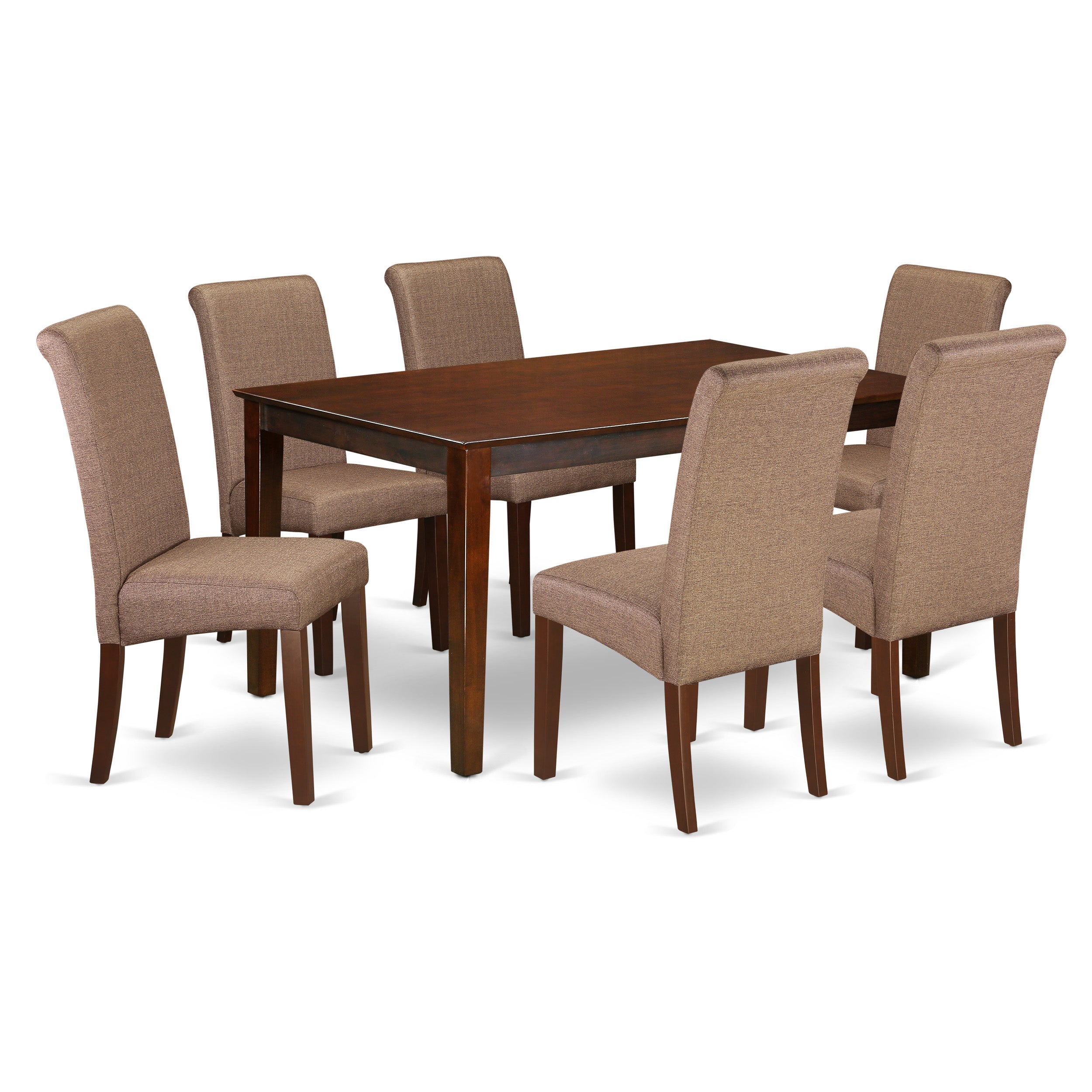 CABA7-MAH-18 7Pc Kitchen table with linen brown fabric Parson chairs with mahogany chair legs