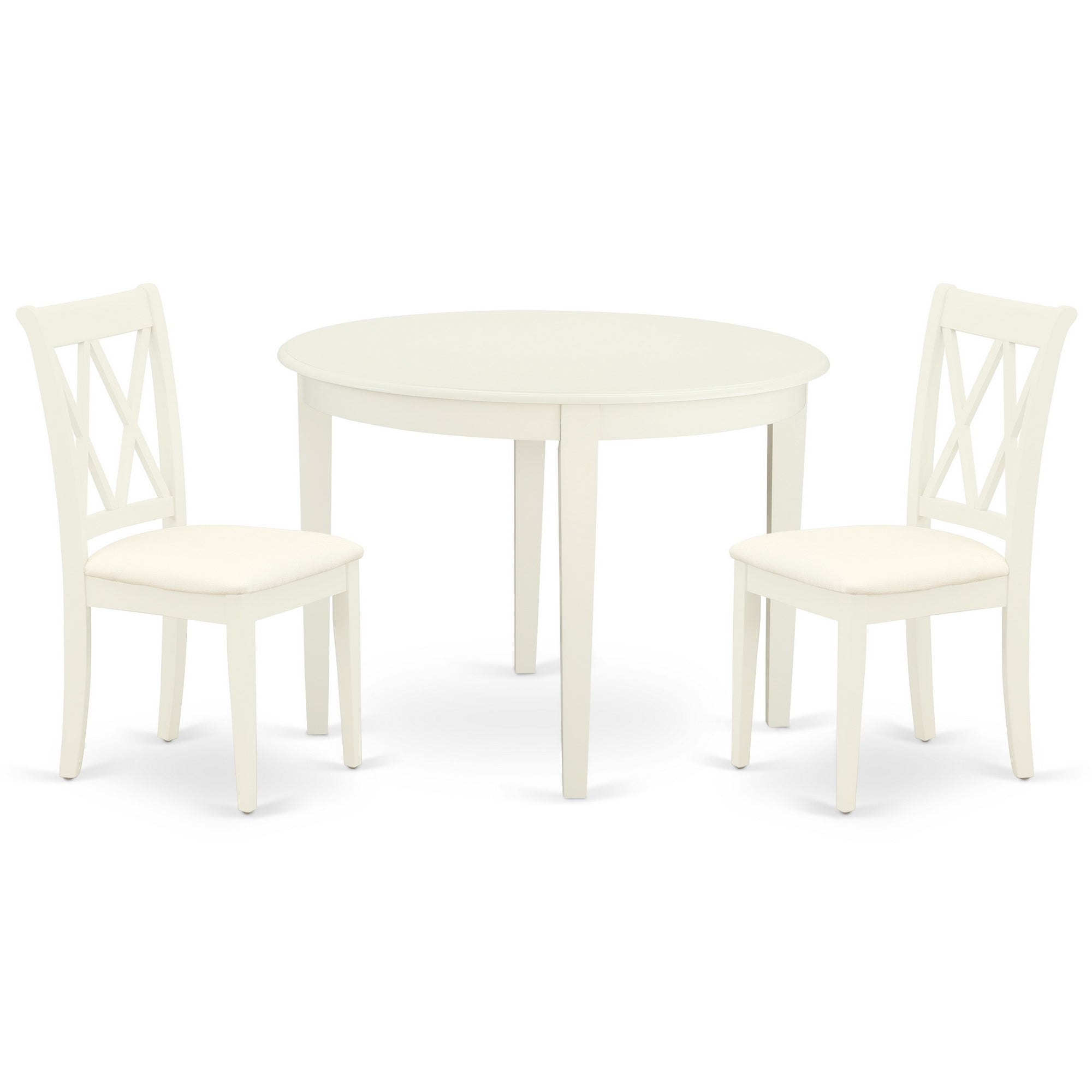 BOCL3-WHI-C 3Pc Dinette Set Includes a Rounded Kitchen Table and Two Double X Back Microfiber Seat Dining Chairs, White Finish