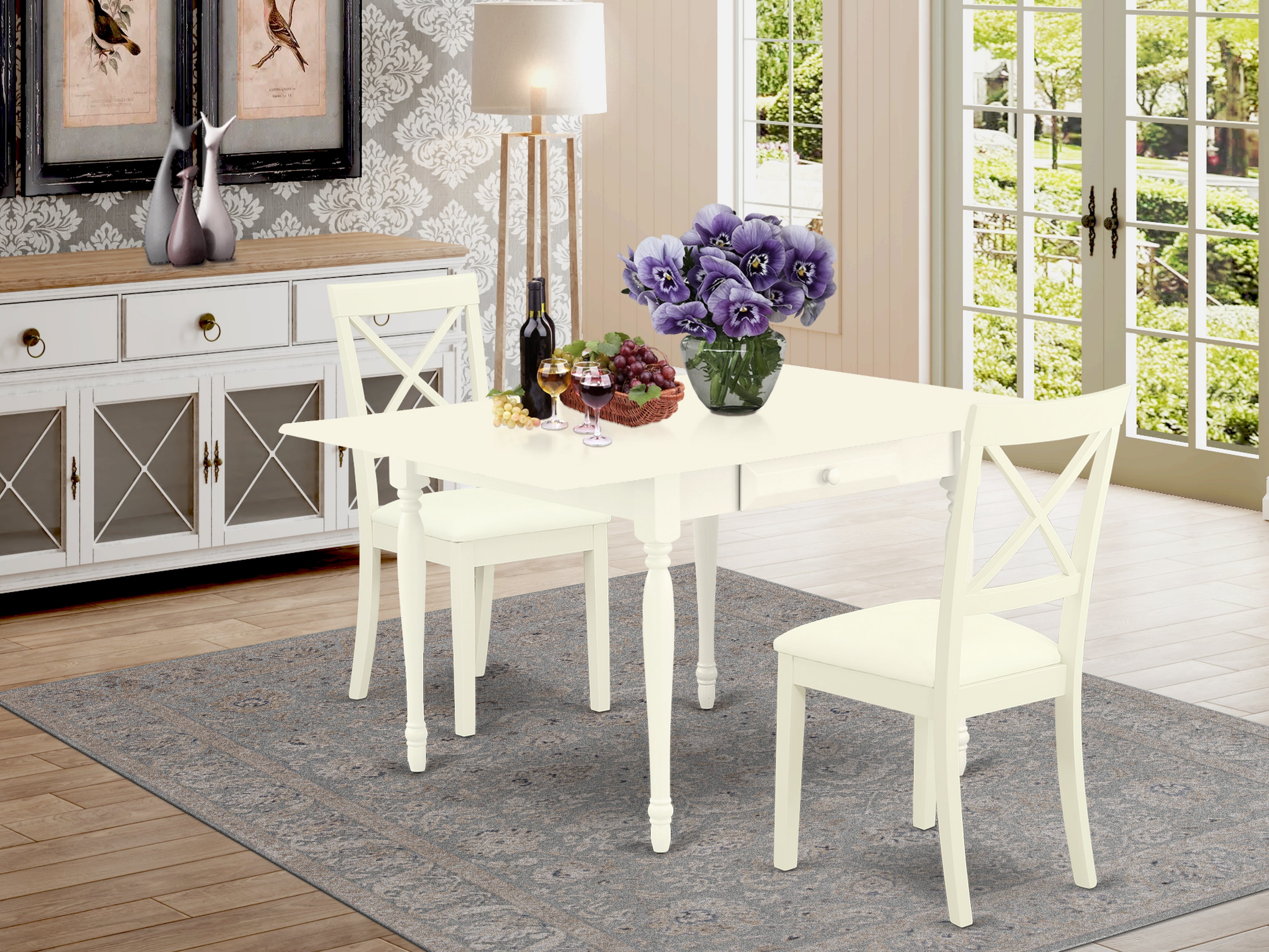 East West Furniture MZBO3-LWH-LC 3Pc Dining Table Set Includes a Dining Room Table and 2 Dining Room Chairs with Faux Leather Seat, Drop Leaf Table with X Back Chairs, Linen White Finish